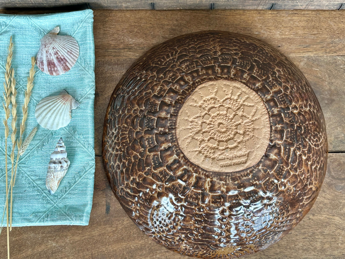 Rustic Antique Doily Serving Bowl ~ 10” Diameter ~ 2.5” Depth~ Turquoise & Brown