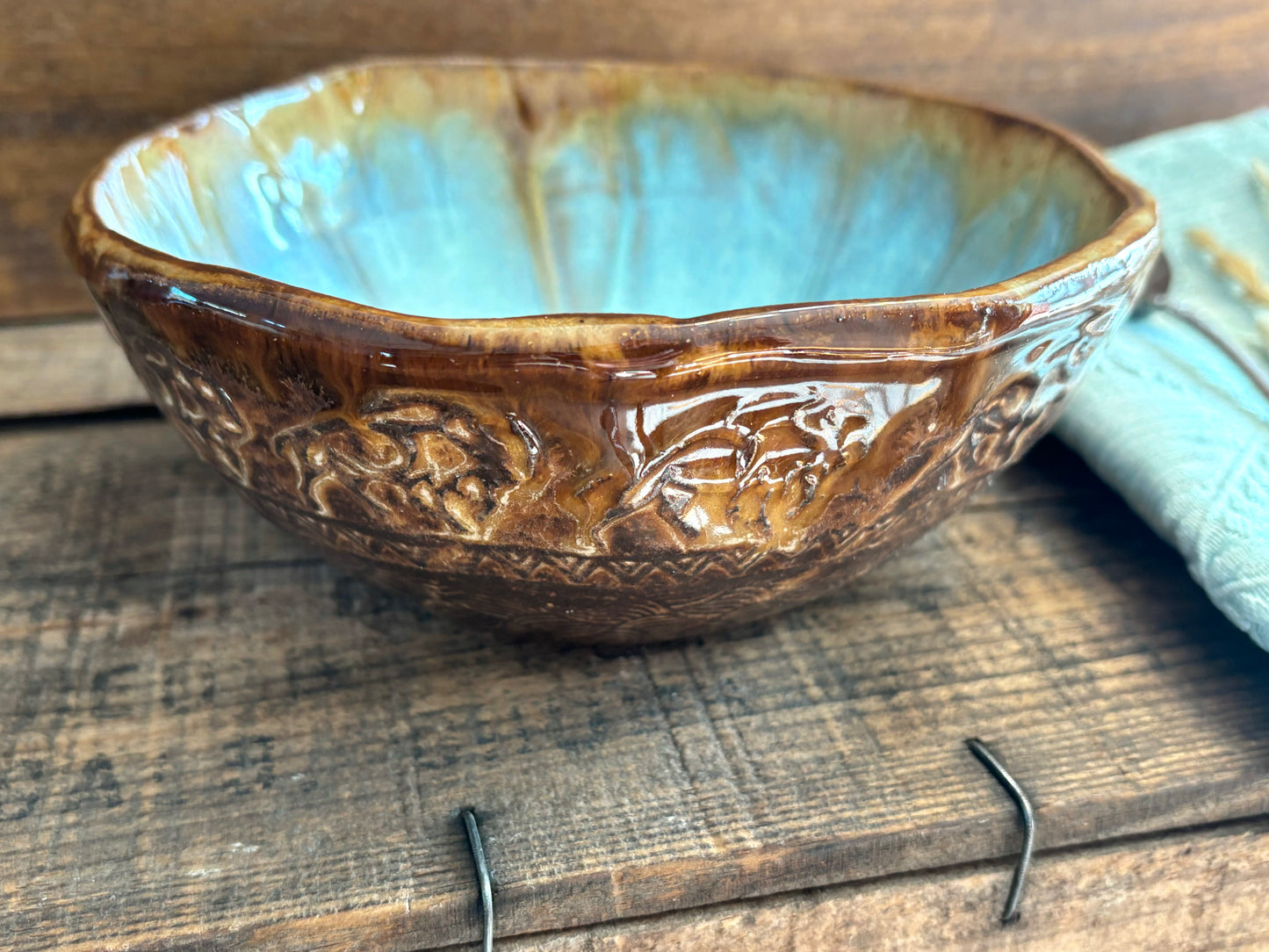 Rustic Wild Buffalo Soup & Salad Big Bowl ~ 6” Diameter ~ 2.5” Depth~ Turquoise & Brown