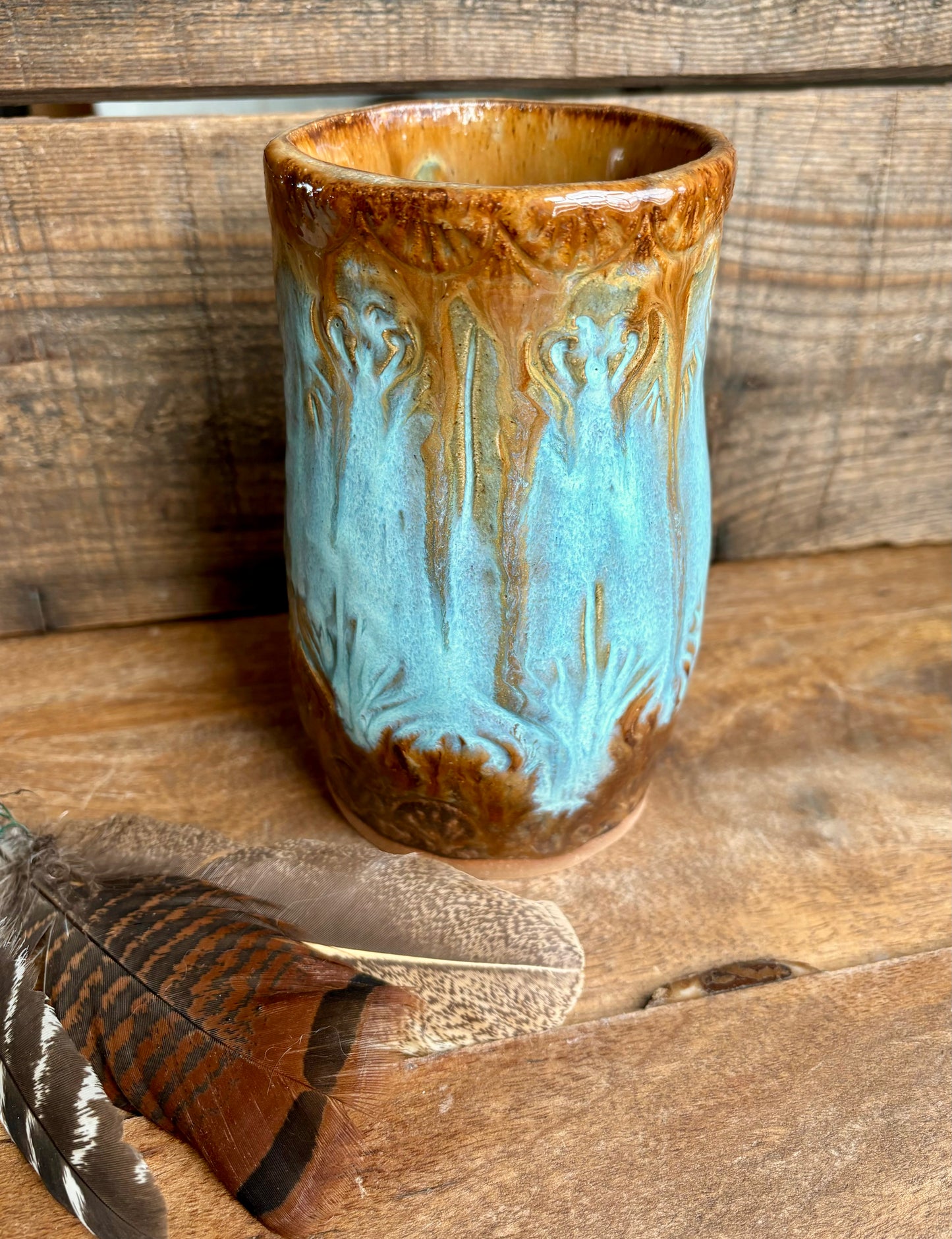 Rustic Native Mandala Flower Vase ~ Turquoise& Brown Glaze