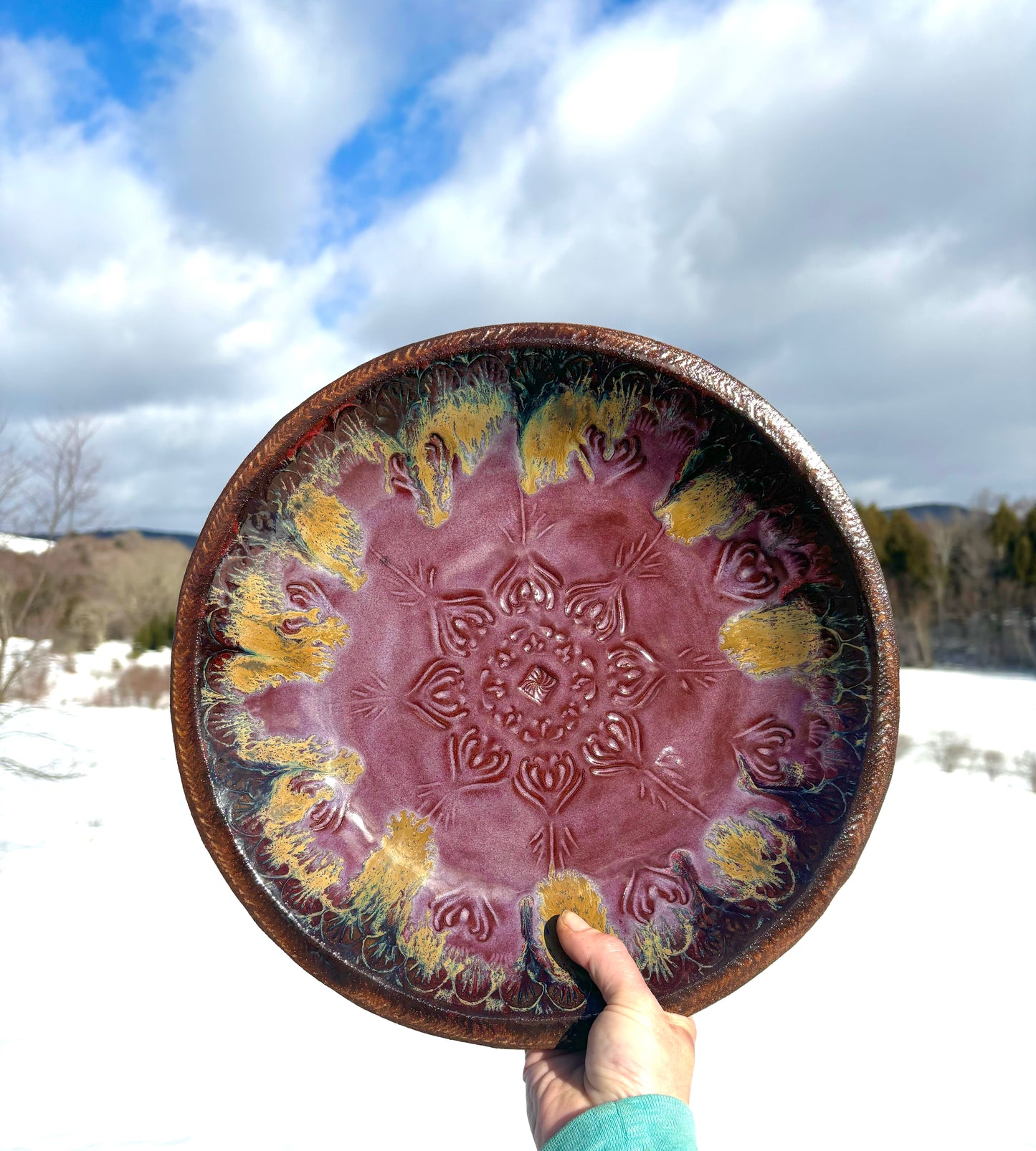 Rustic Native Mandala Serving Bowl ~ 12.5” Diameter ~ 2” Depth~ Merlot, Gold & Brown