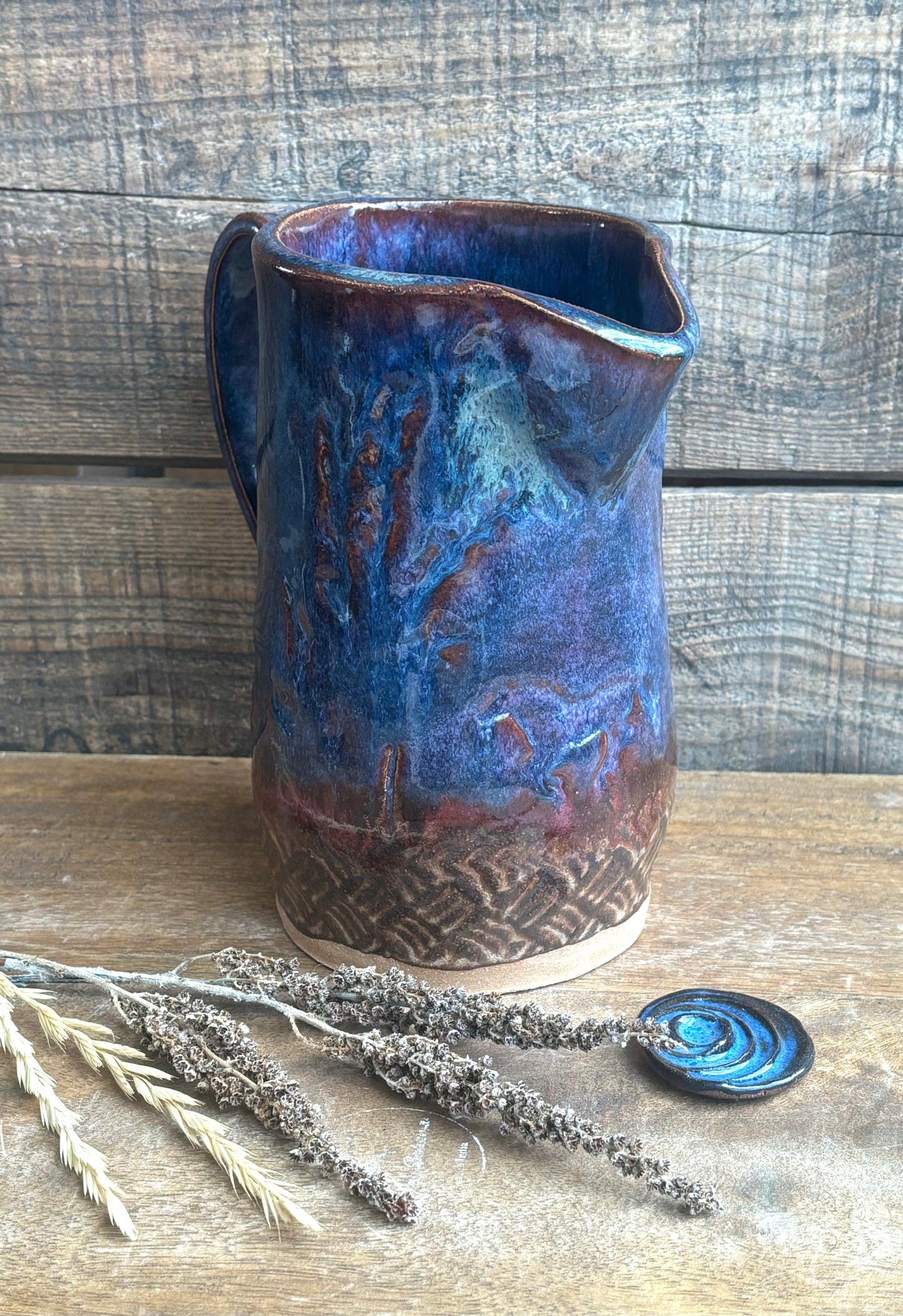 Rustic Wild Mustang Pitcher ~ 20 oz~ Blue & Brown Glaze