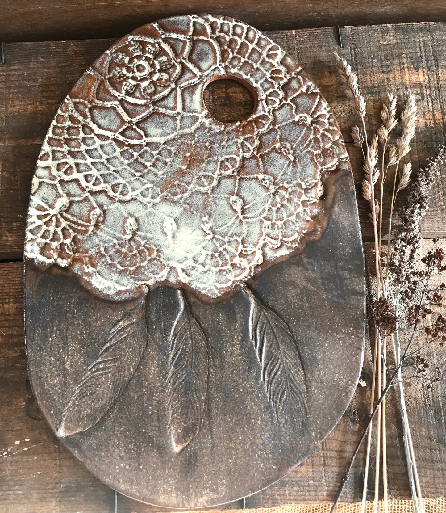 Rustic Wild Feathers and Doily Cheeseboard ~ Cutting Board