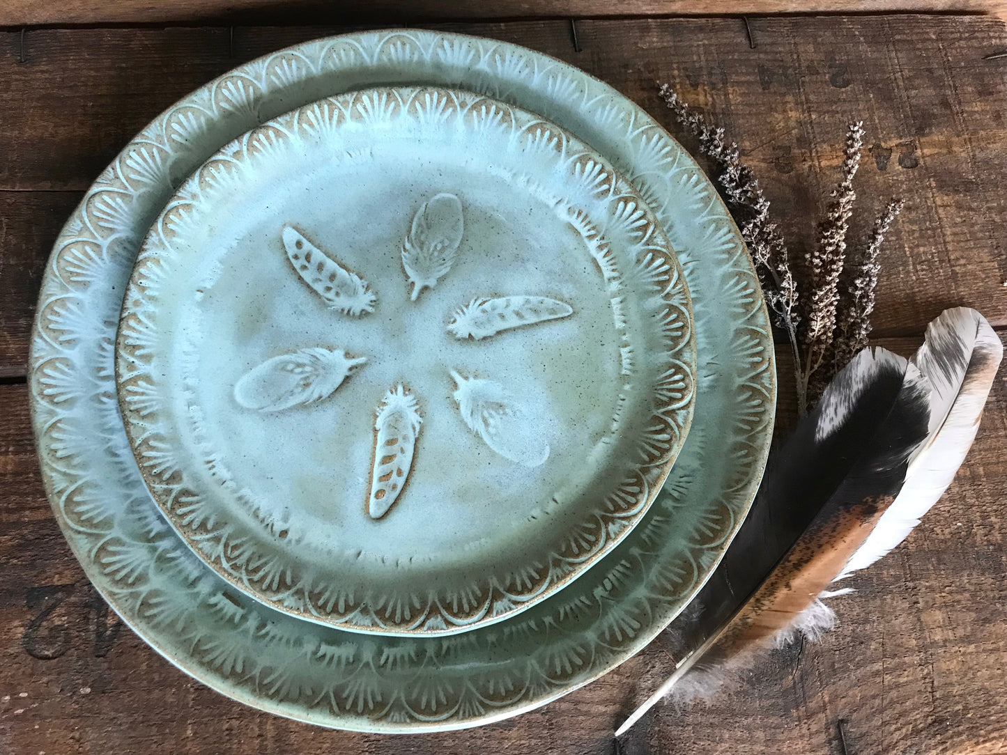 Rustic Wild Feathers Dinner Plate & Salad Plate ~ 10” ~ Turquoise Glaze