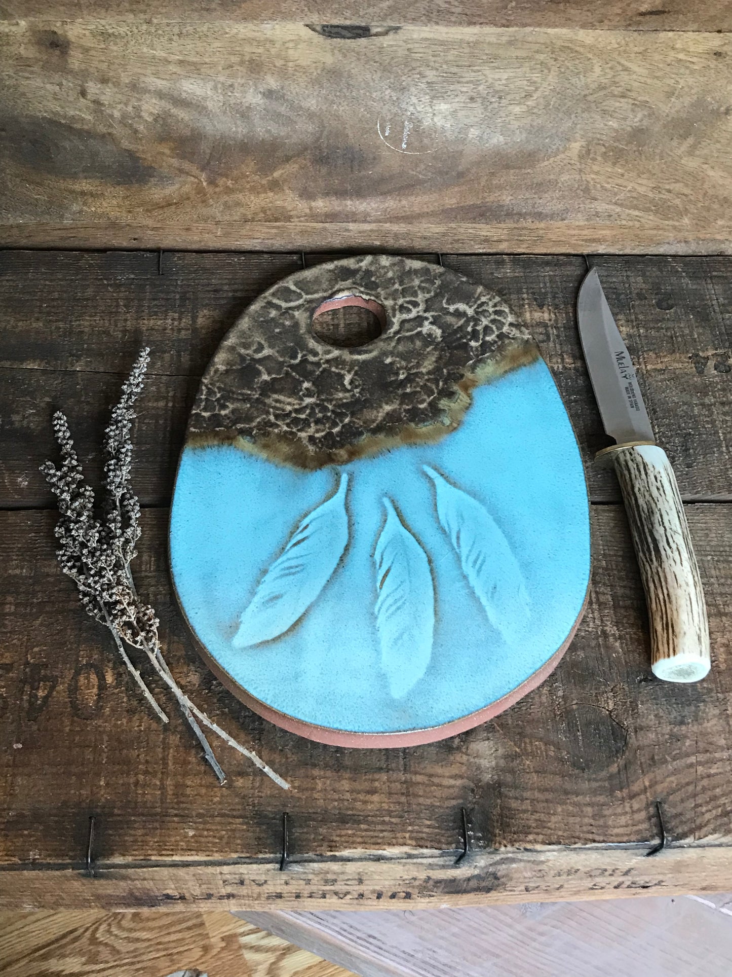 Rustic Wild Feathers and Doily Cheeseboard ~ Cutting Board ~ Turquoise