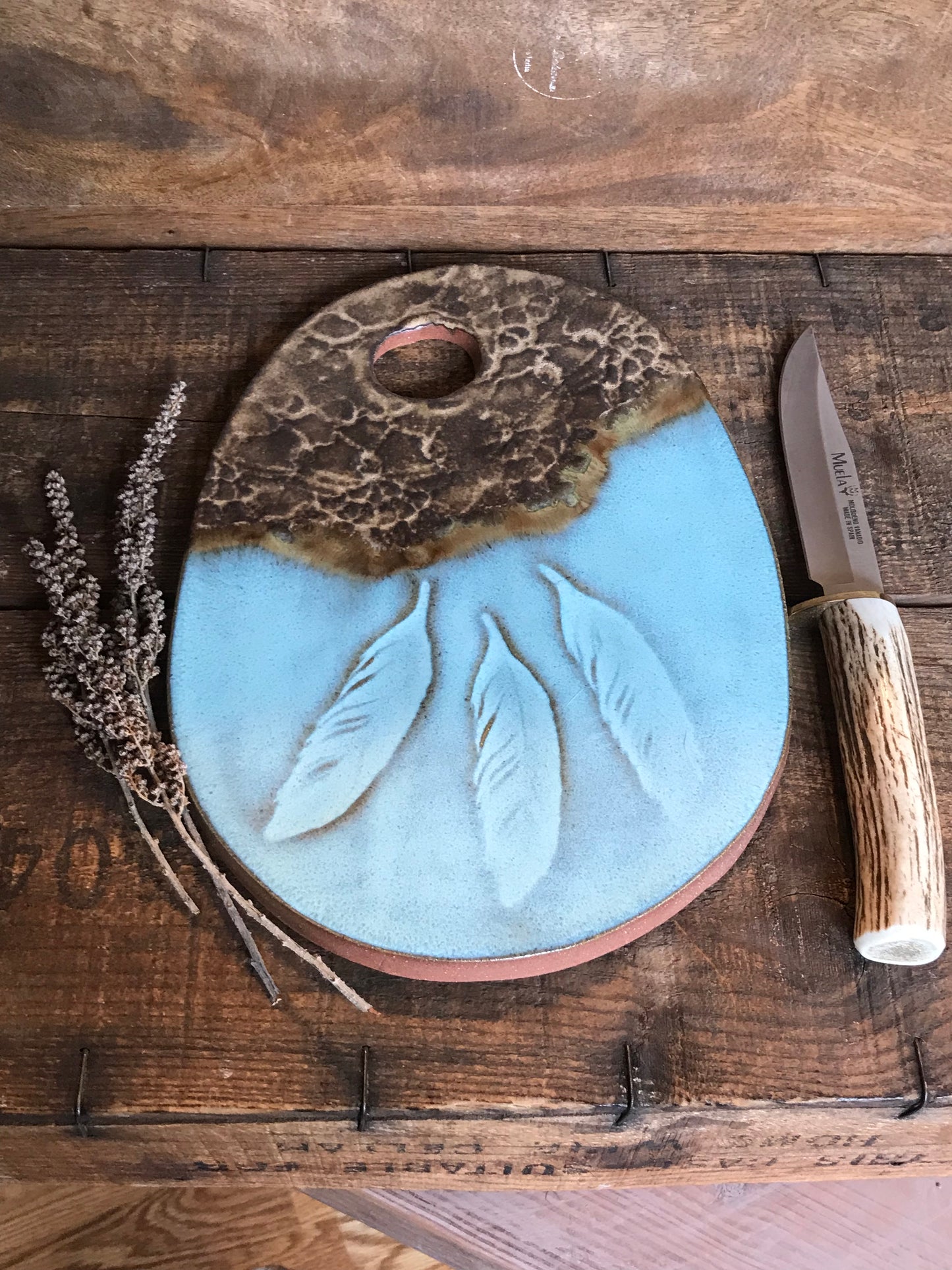 Rustic Wild Feathers and Doily Cheeseboard ~ Cutting Board ~ Turquoise