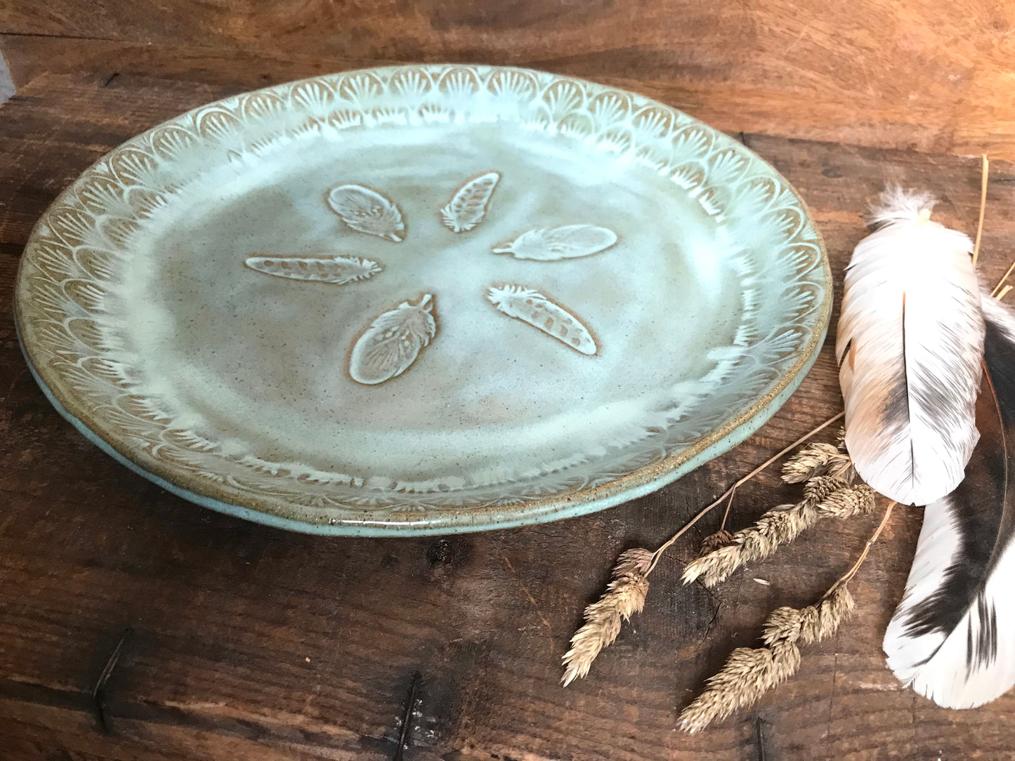 Rustic Wild Feathers Dinner Plate & Salad Plate ~ 10” ~ Turquoise Glaze