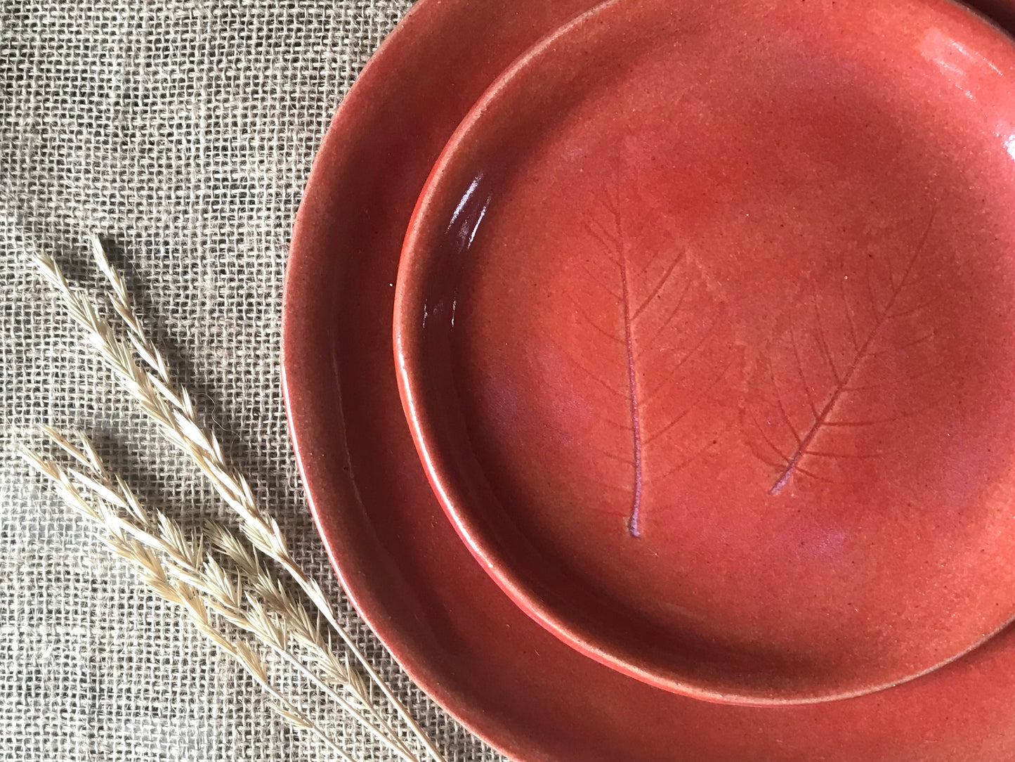 Rustic Birch Leaf Dinner Plate & Salad Plate ~ 10”  ~ Autumn Orange Glaze