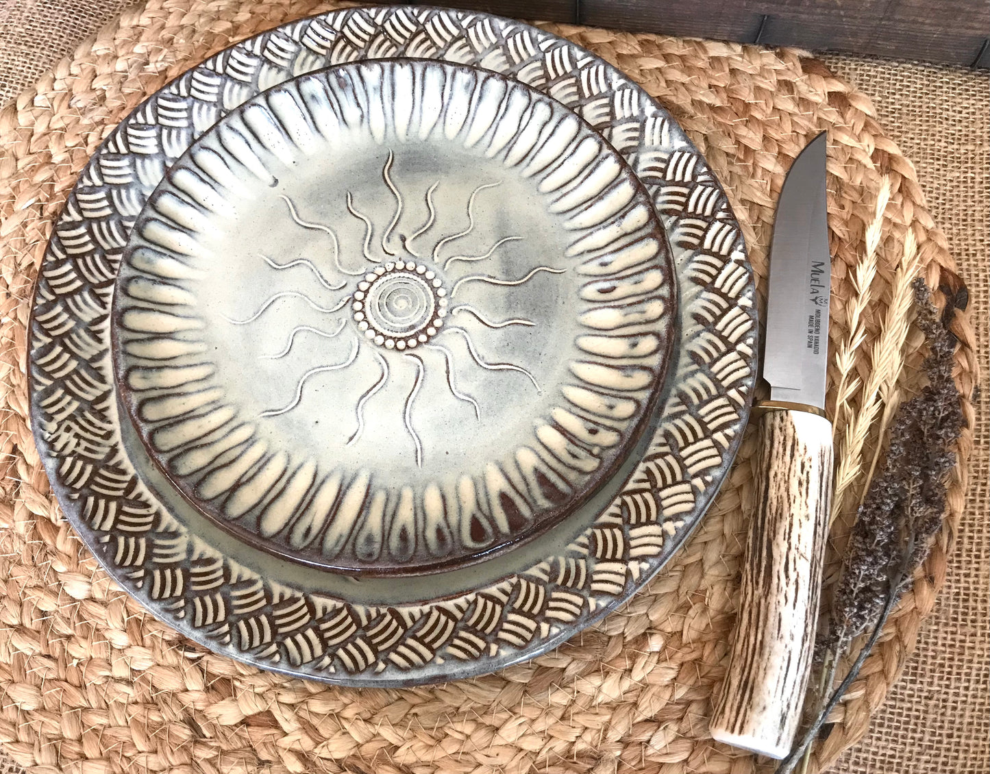 Rustic Native Sun Dinnerware Set ~ Dinner & Salad Plate ~ Birch Brown Glaze