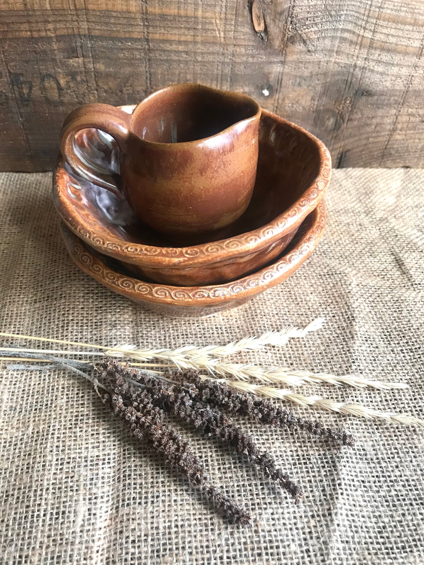 Rustic Handpinched Bowls & Mini Pouring Pitcher ~ Burnt Orange Glaze