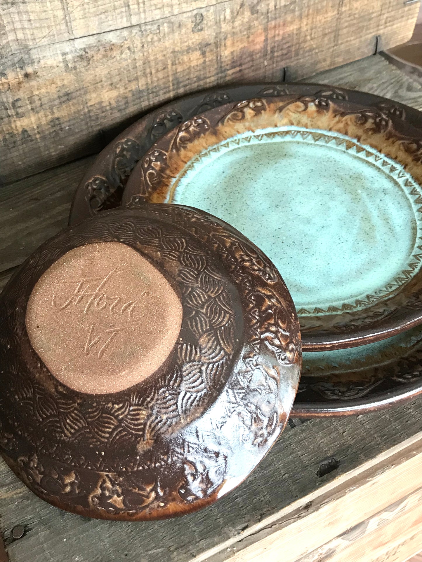 Rustic Wild Buffalo Dinnerware ~ Dinner Plate/Salad Plate/Bowl ~ Turquoise & Heavy Brown Edging