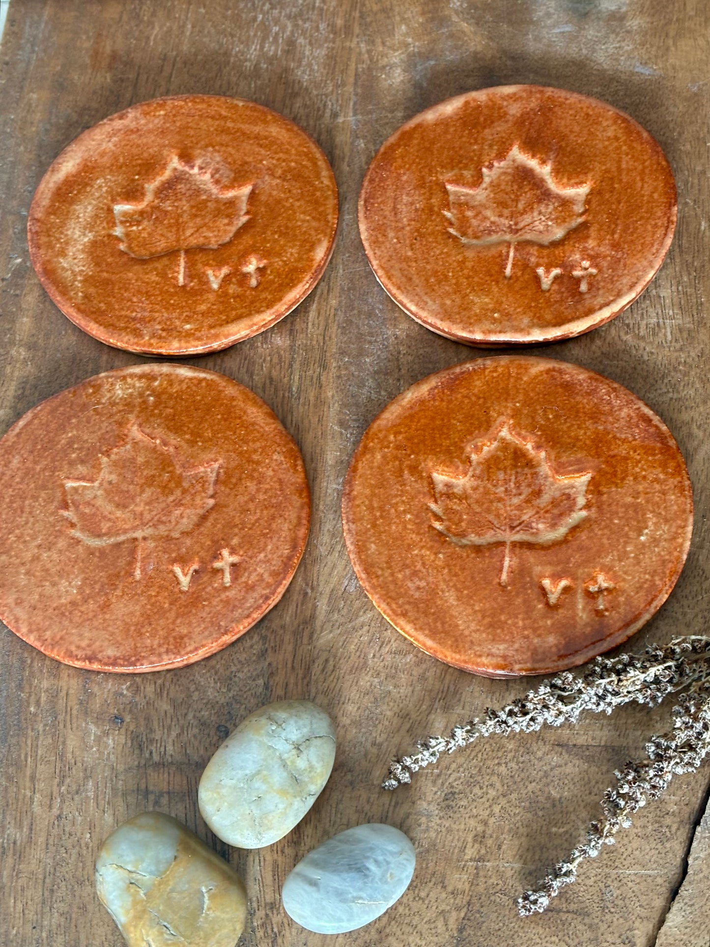 Vermont Maple Leaf Coasters~ Set of 4 ~ Sedona Red Glaze