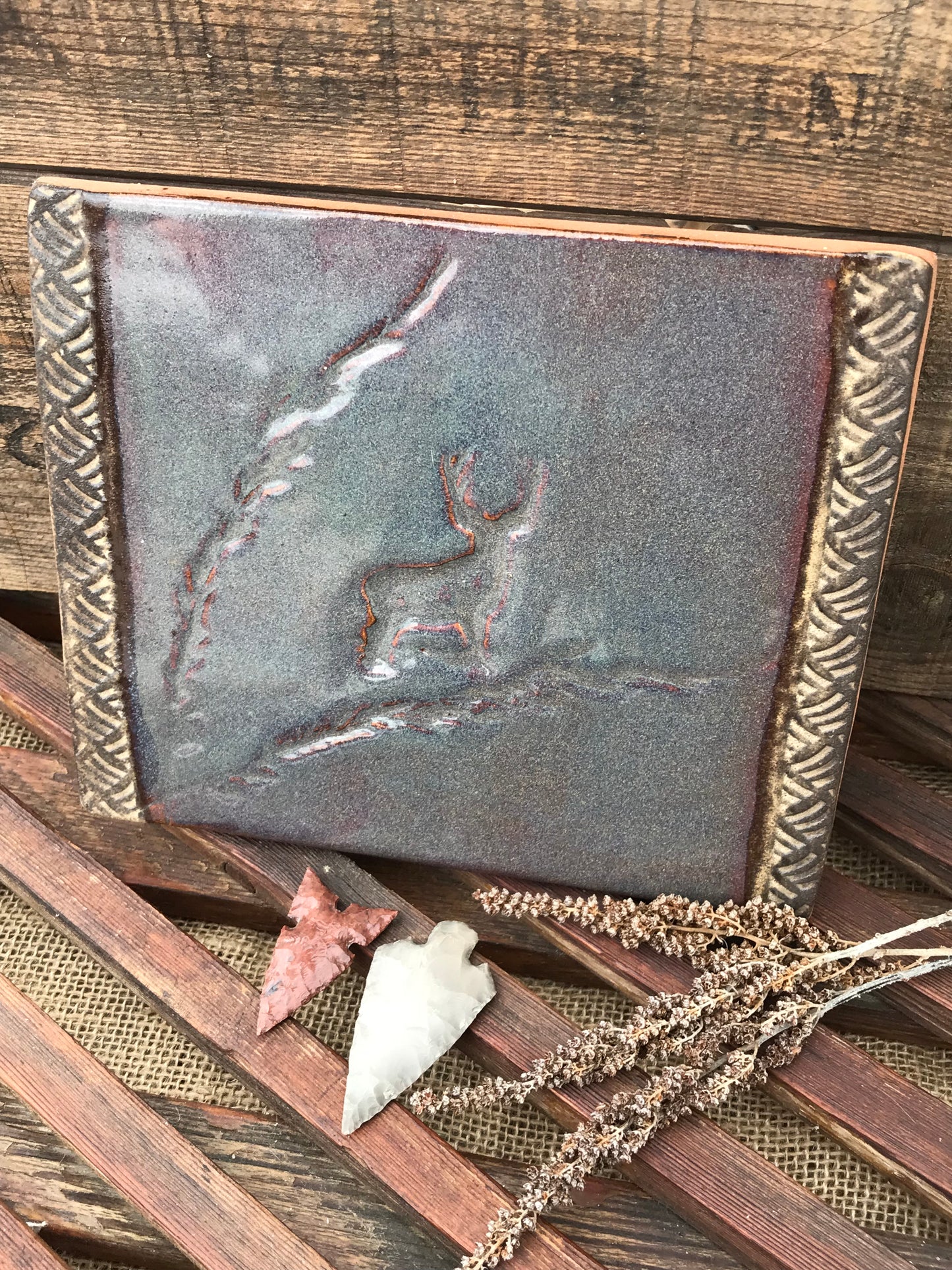 Rustic Wild Buck & Grasses Trivet in Night Sky Blue and Brown ~ 7.5” x 6.25”