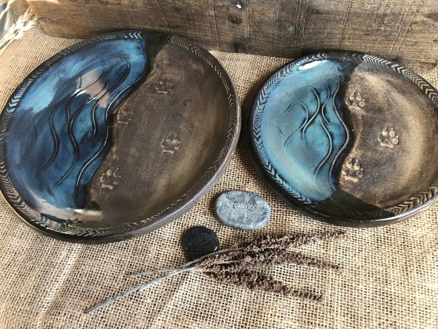 Rustic Wild River Wolf Dinner Plate & Salad Plate ~ 10”  ~ River Blue & Brown Glaze