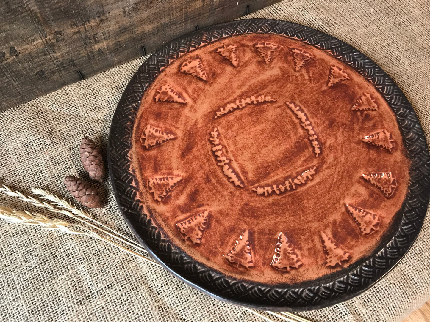 Rustic Vermont Evergreen Serving Platter ~ 13” Round ~ Sedona Red & Brown ~ Appetizers & Cheese