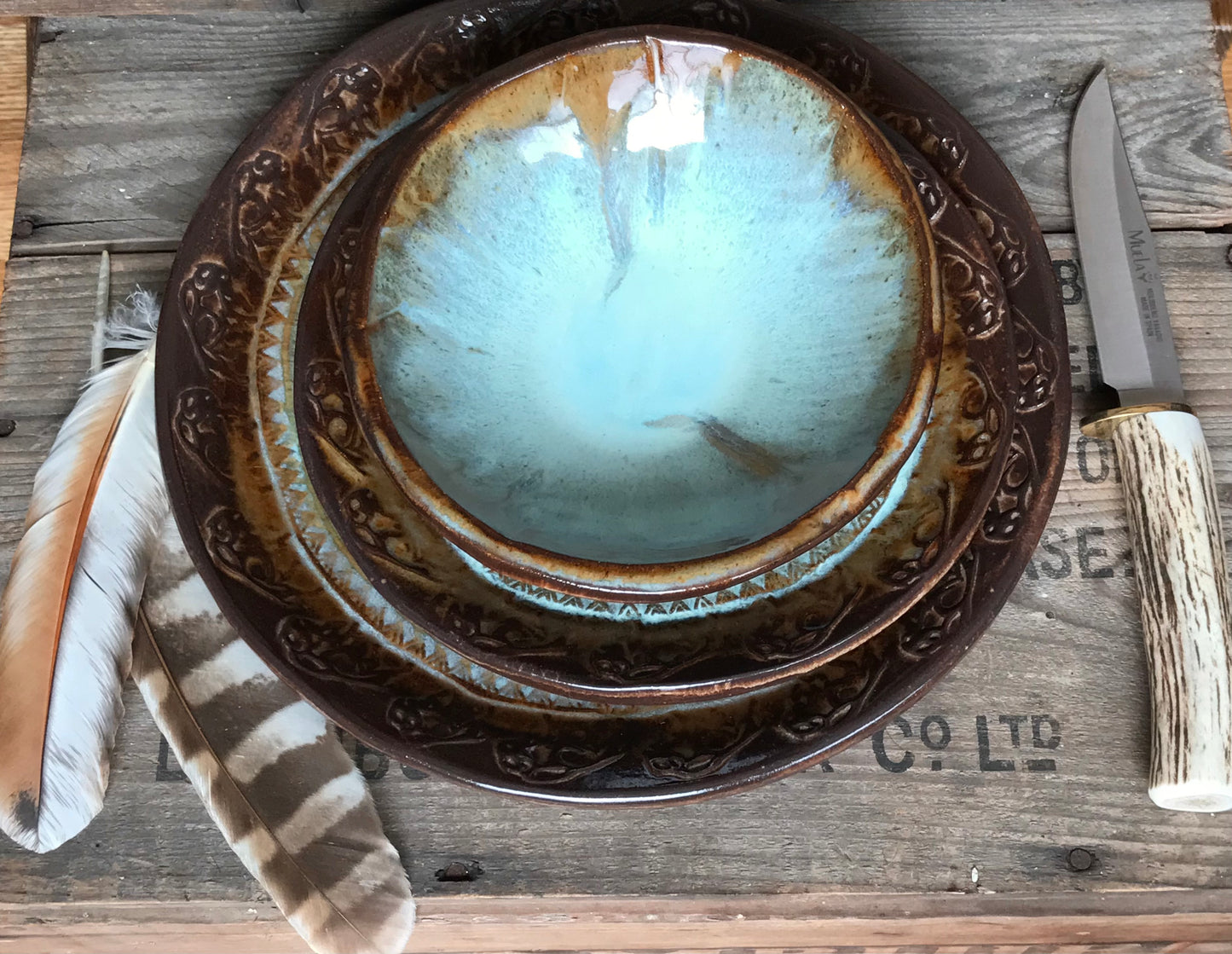 Rustic Wild Buffalo Dinnerware ~ Dinner Plate/Salad Plate/Bowl ~ Turquoise & Heavy Brown Edging