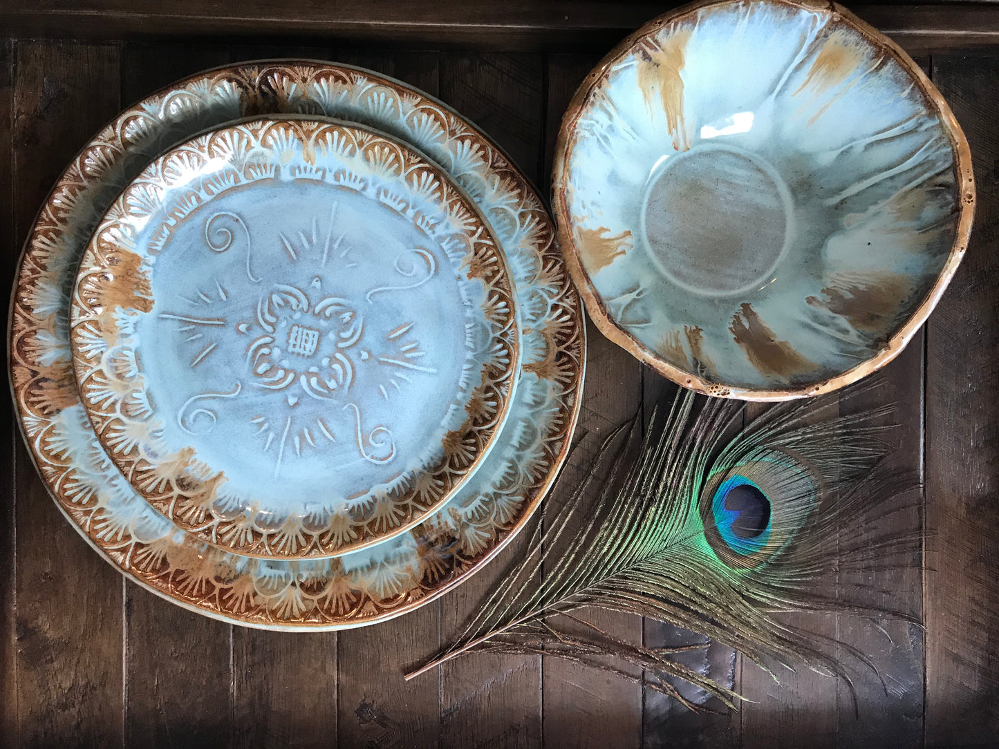 Rustic Native Mandala Dinnerware Set with Big Bowl ~ Turquoise & Original Brown Glaze