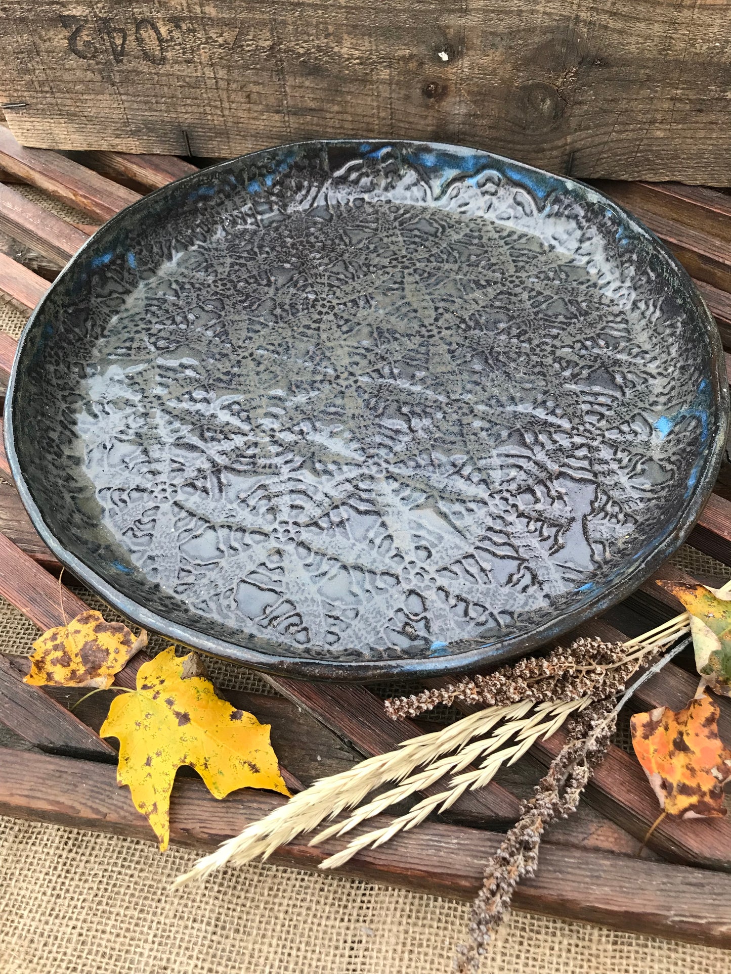 Rustic Antique Doily Serving Platter ~ 12” Round ~ Night Sky Blue & Charcoal Glaze ~ Appetizers & Cheese