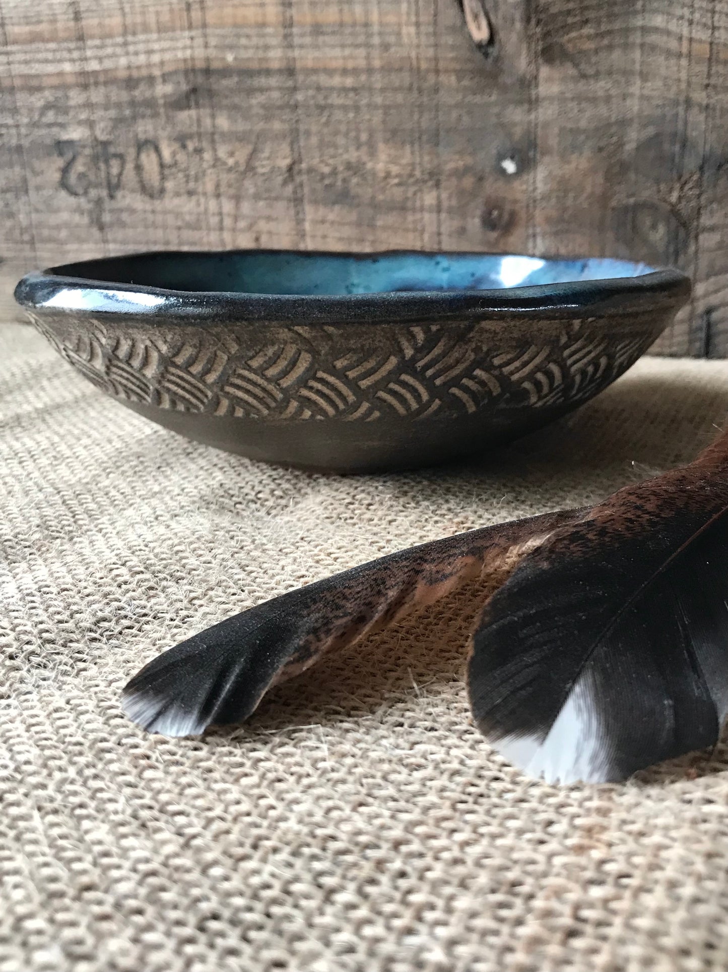 Rustic Basketweave Bowl ~ Night Sky Blue & Brown Glaze