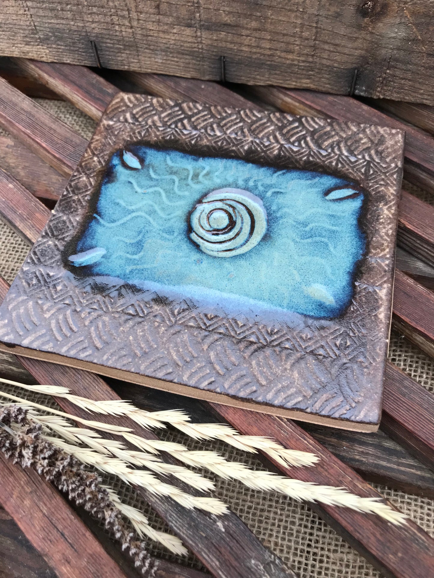 Rustic Moon Trivet in Night Sky Blue and Brown ~ 5.5” Square