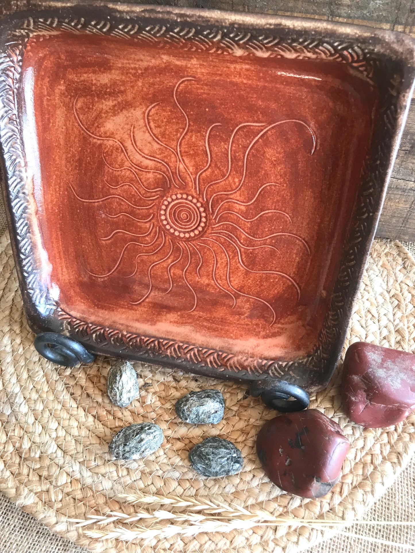 Rustic Square Sun & Basketweave Meat Tray/ Serving Tray ~ 9.5” Square  ~ 1.25” Depth~ Sedona Red & Brown