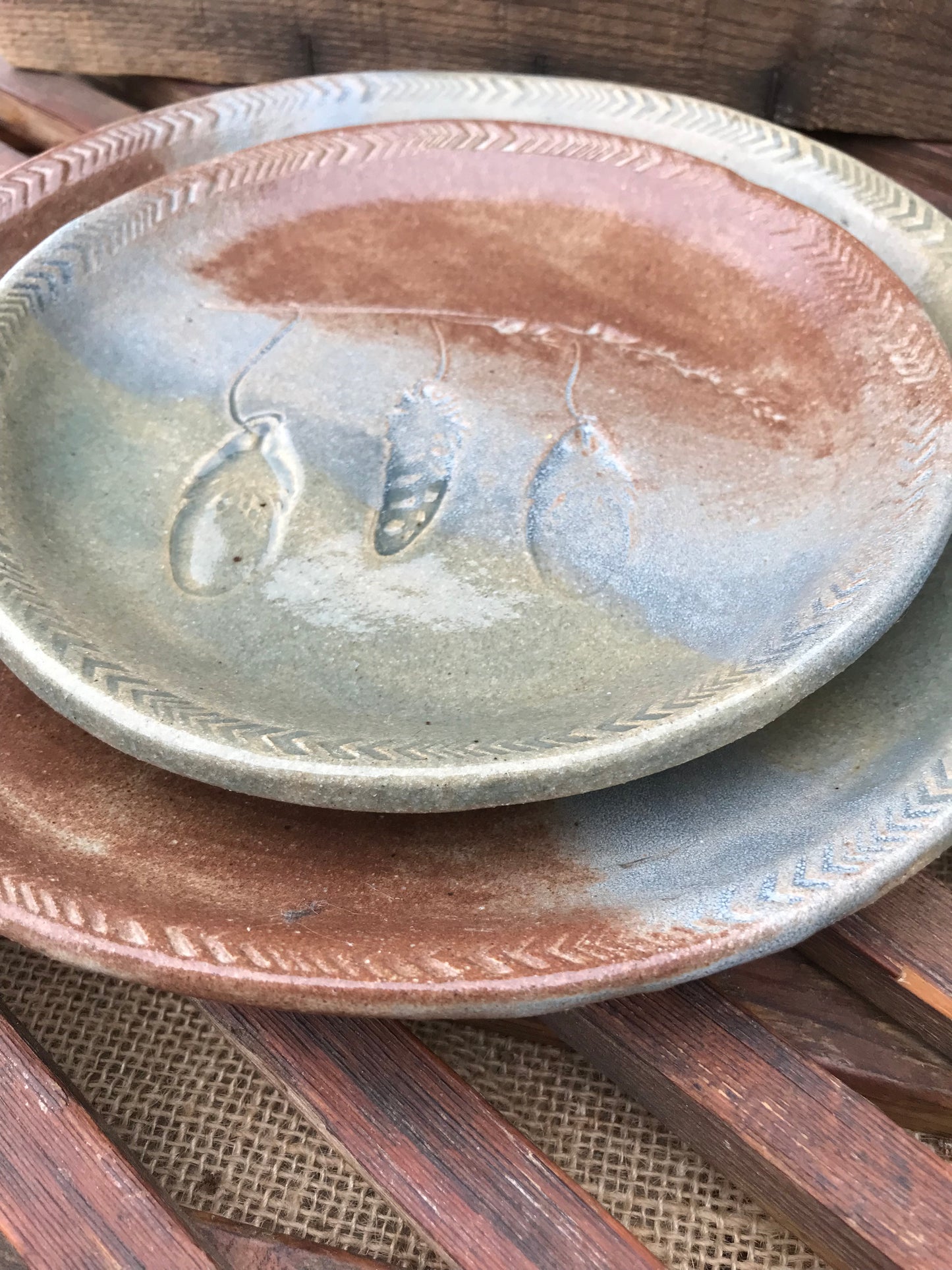 Rustic Wild Feathers & Grass Dinner Plate & Salad Plate ~ 10”  ~ Blue Green Brown Glaze