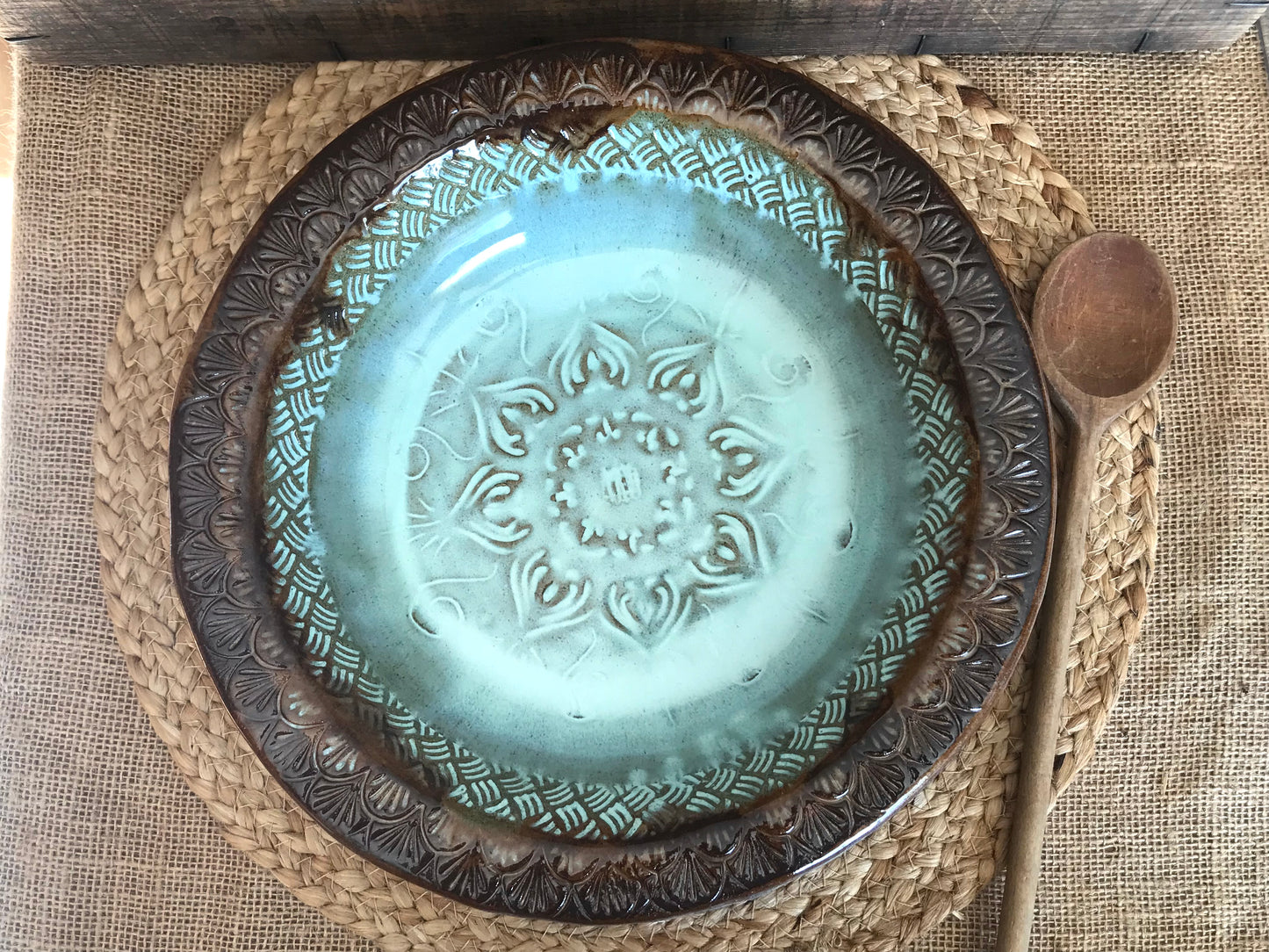 Rustic Native Mandala Serving & Baking  Bowl ~ 12” Diameter ~ 2.5” Depth~ Turquoise & Brown & Birch