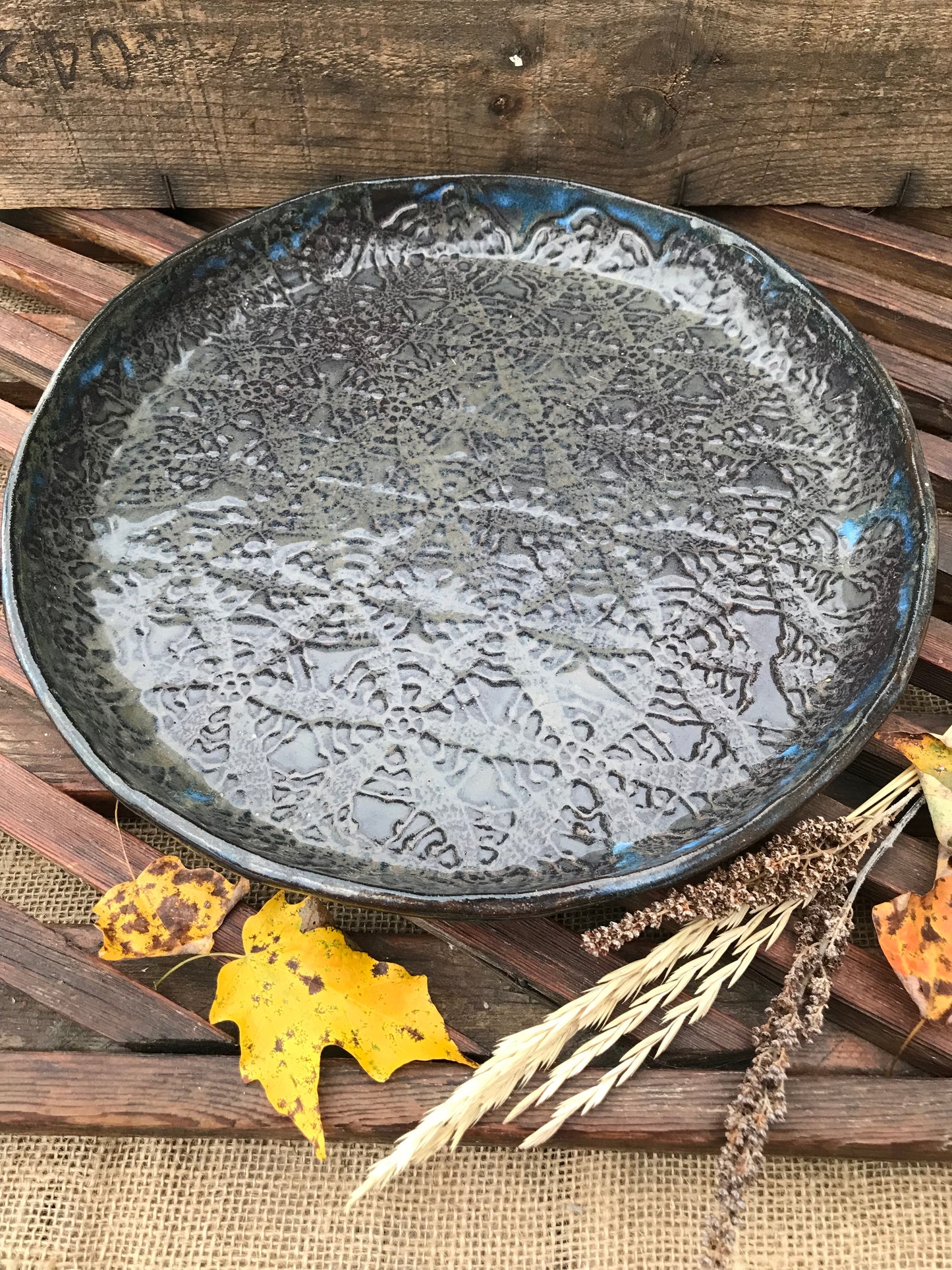 Rustic Antique Doily Serving Platter ~ 12” Round ~ Night Sky Blue & Charcoal Glaze ~ Appetizers & Cheese