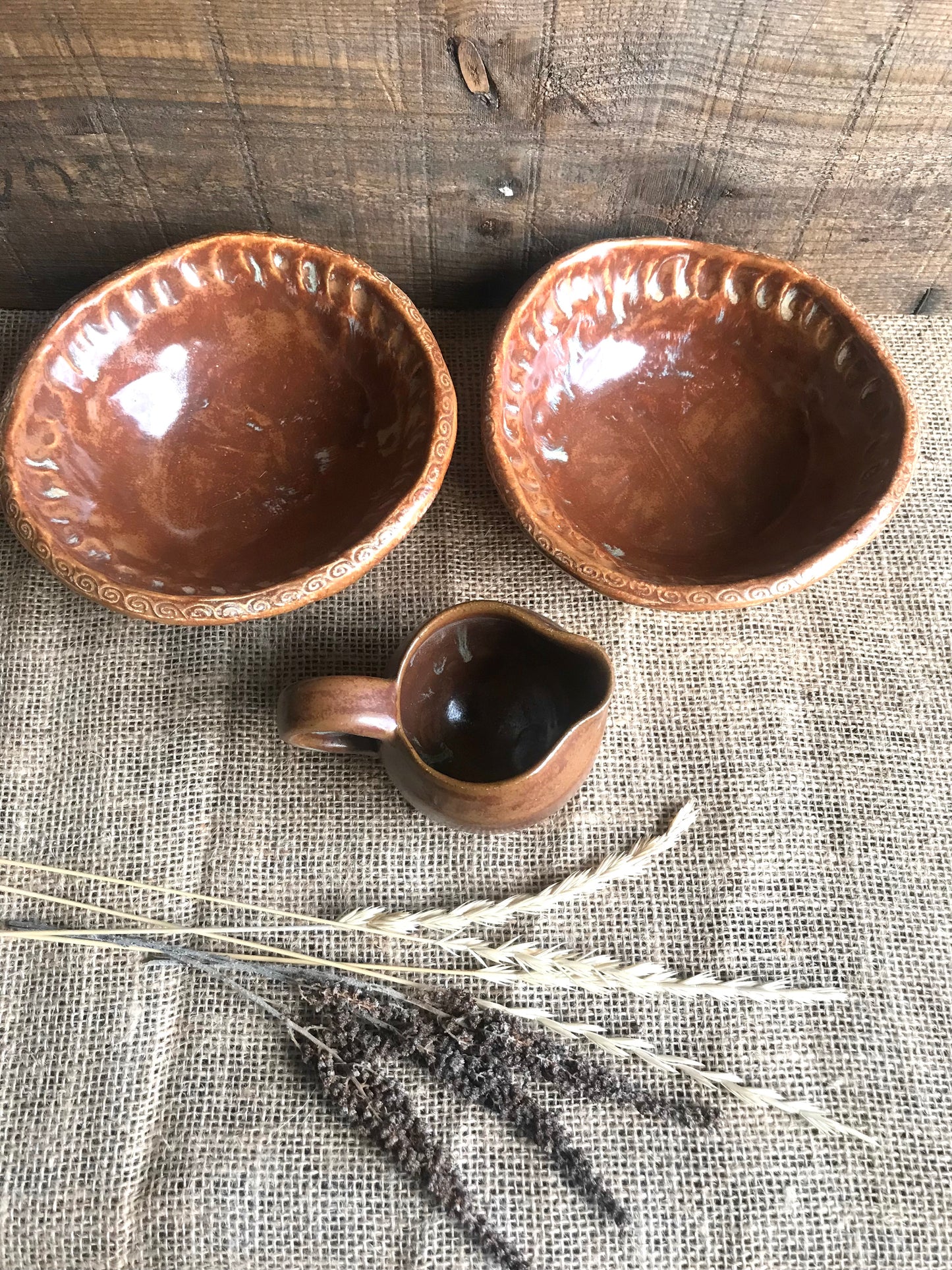 Rustic Handpinched Bowls & Mini Pouring Pitcher ~ Burnt Orange Glaze