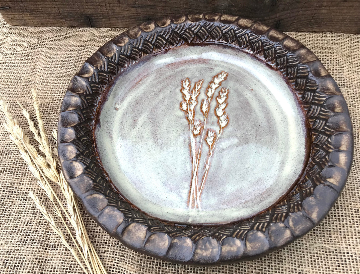 Rustic Wild Grasses Pie Dish ~ 10” ~ Birch & Brown Glaze