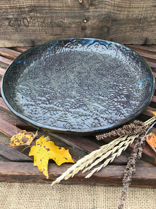 Rustic Antique Doily Serving Platter ~ 12” Round ~ Night Sky Blue & Charcoal Glaze ~ Appetizers & Cheese