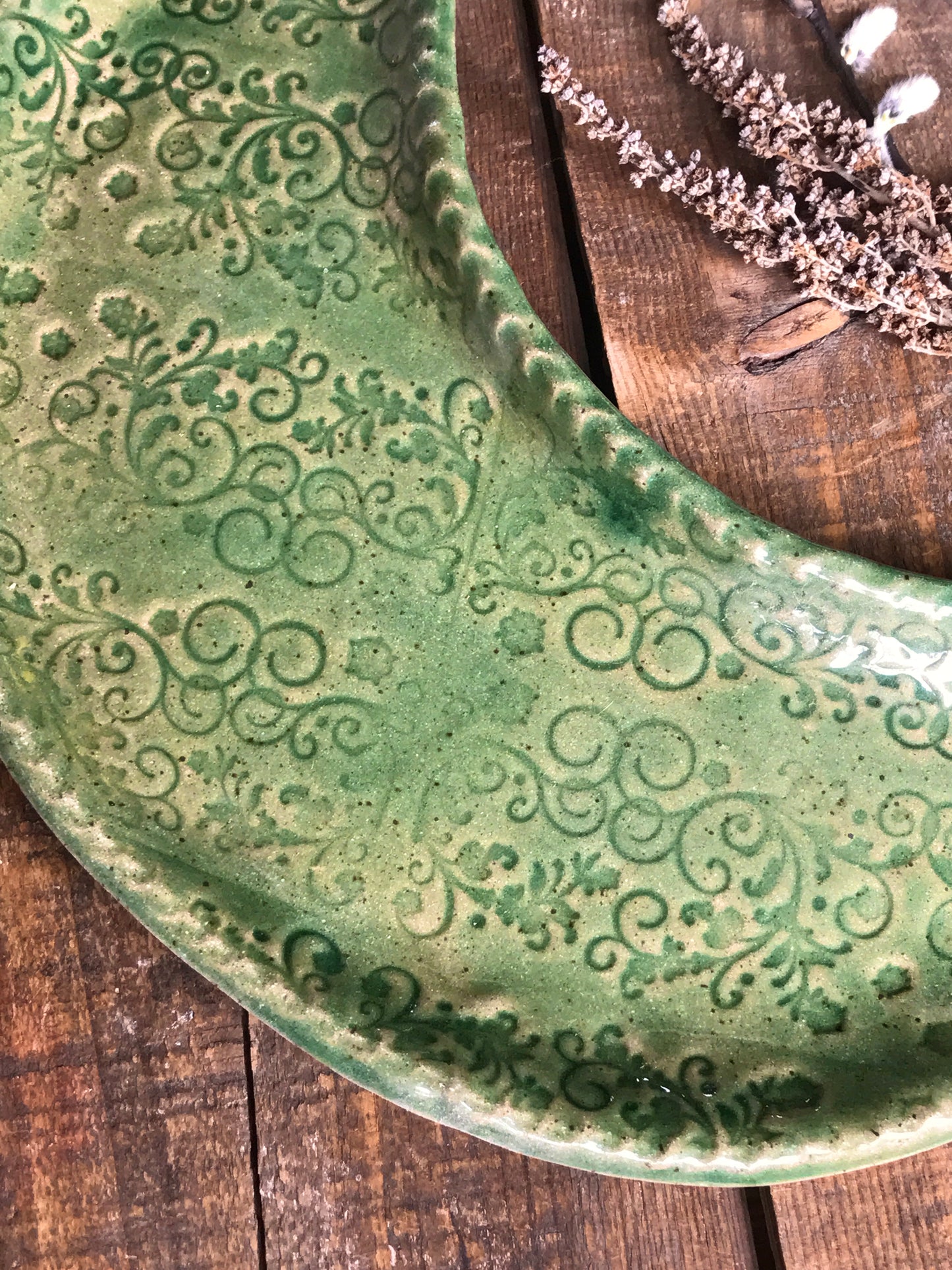 Rustic Quarter Moon Serving Platter  ~ Spring Green ~ Appetizers & Cheese