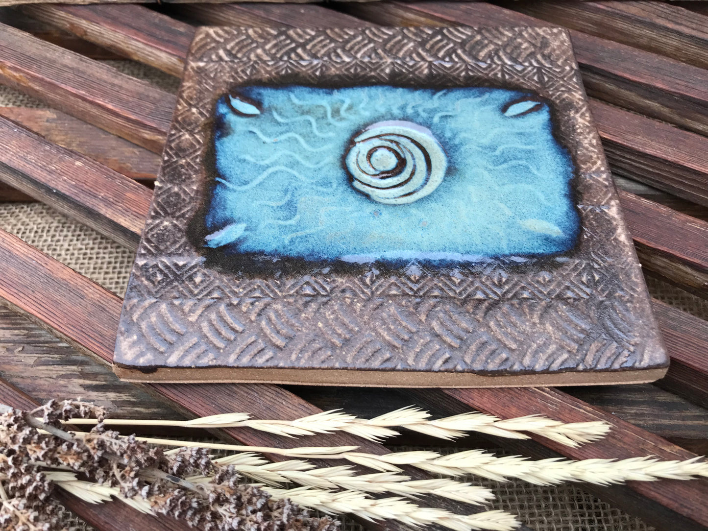 Rustic Moon Trivet in Night Sky Blue and Brown ~ 5.5” Square