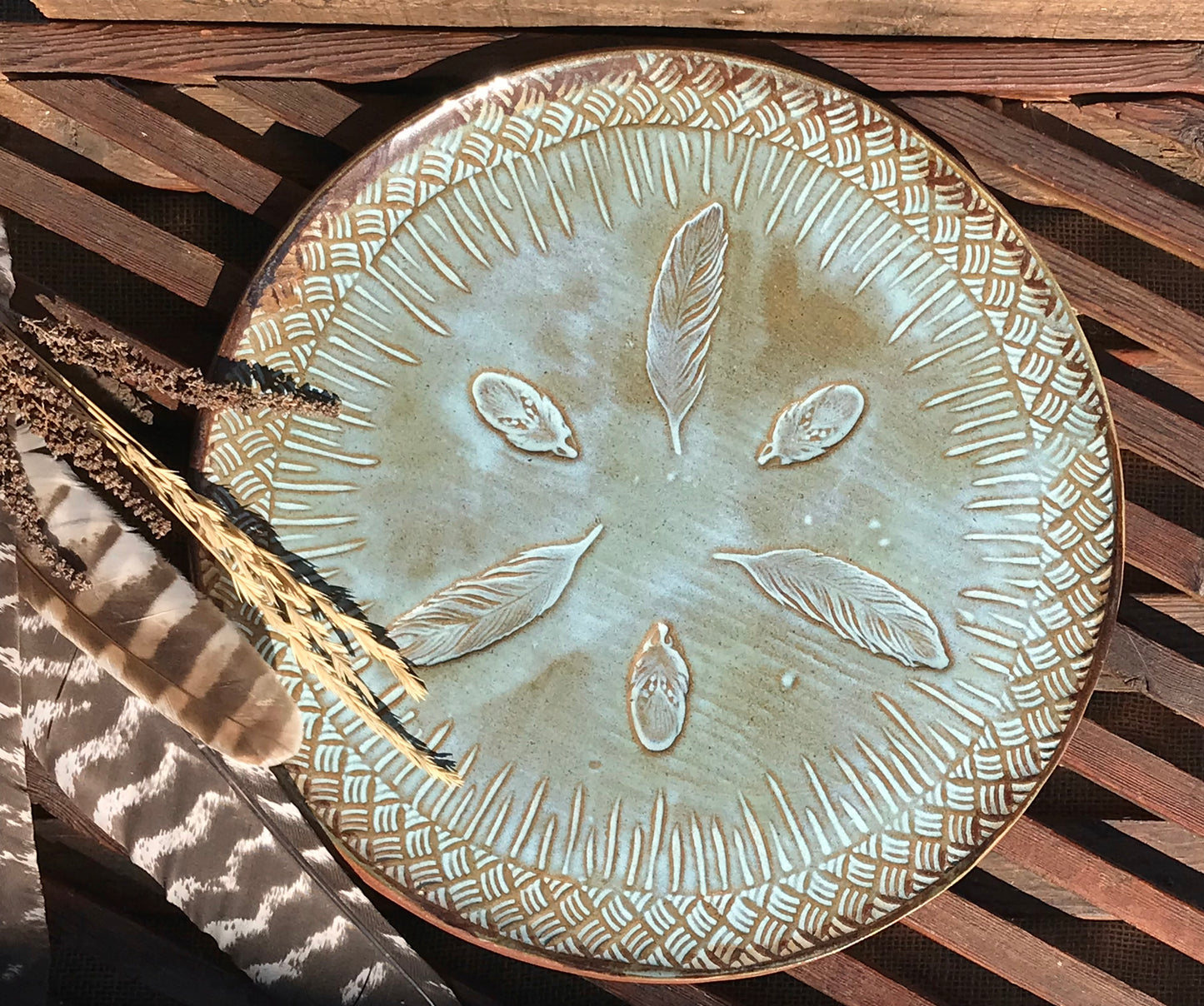 Rustic Wild Feathers Serving Platter ~ 13” Round ~ Turquoise & Brown ~ Appetizers & Cheese