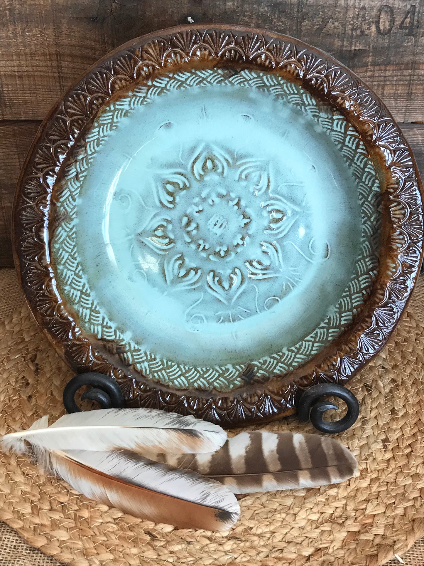 Rustic Native Mandala Serving & Baking  Bowl ~ 12” Diameter ~ 2.5” Depth~ Turquoise & Brown & Birch