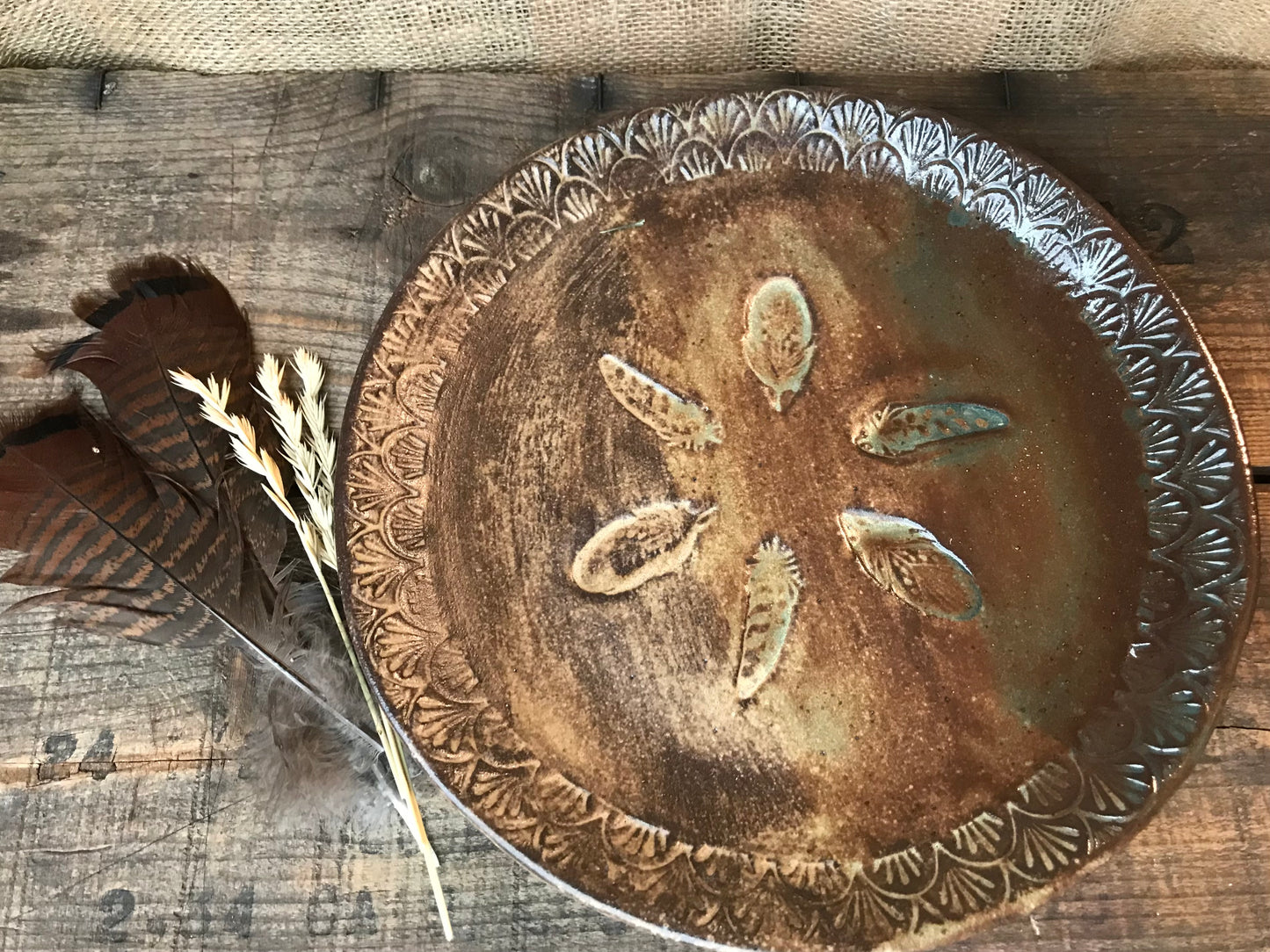 Rustic Wild Feathers Dinner Plate ~ 10” ~ Green & Brown Glaze