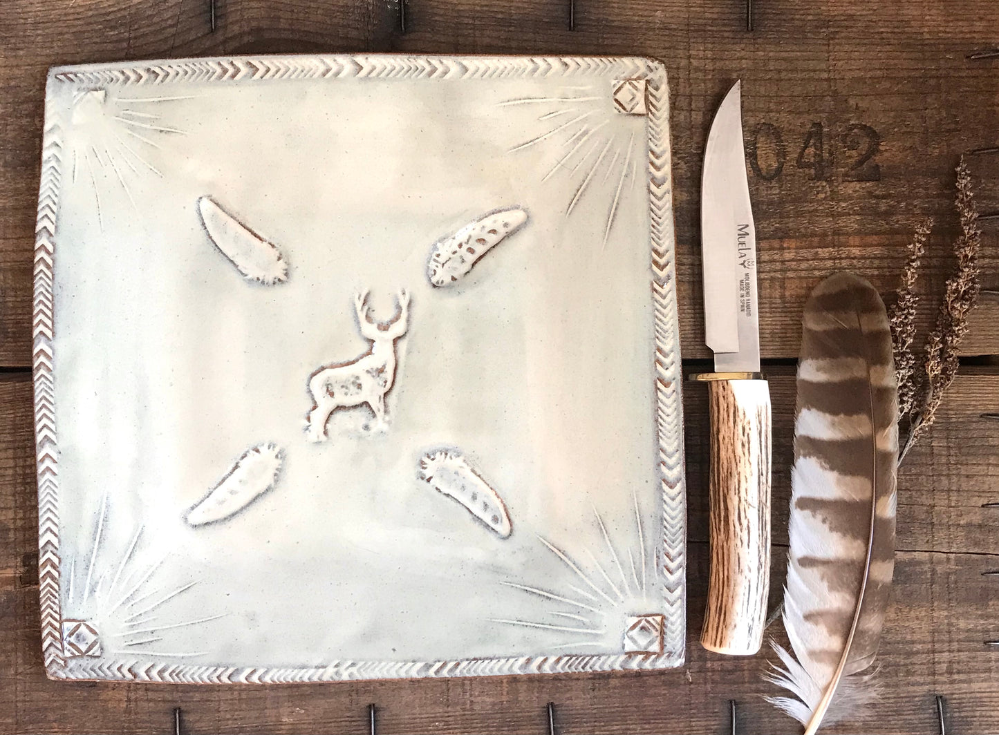 Rustic Wild Buck Square Dinner Plate Platter ~ 10” ~ Birch Brown Glaze ~ Vermont Handmade Pottery