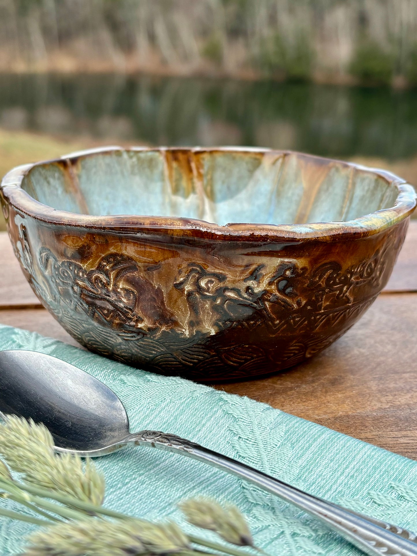 Rustic Wild Mustang Bowl ~ Turquoise & Brown