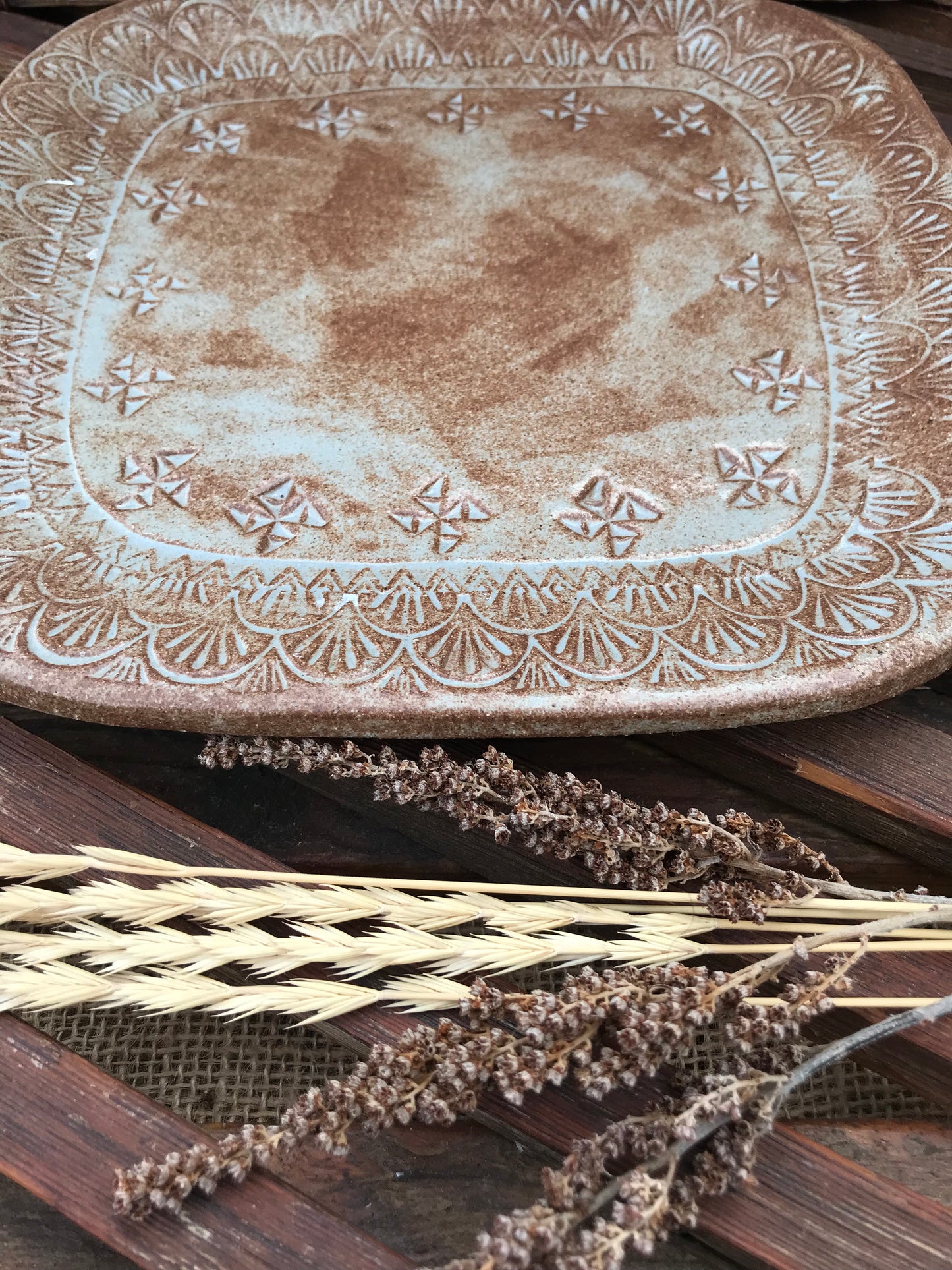 Rustic Basketweave Square  Dinner Plate ~ 9” ~ Dusty Blue & Brown Glaze