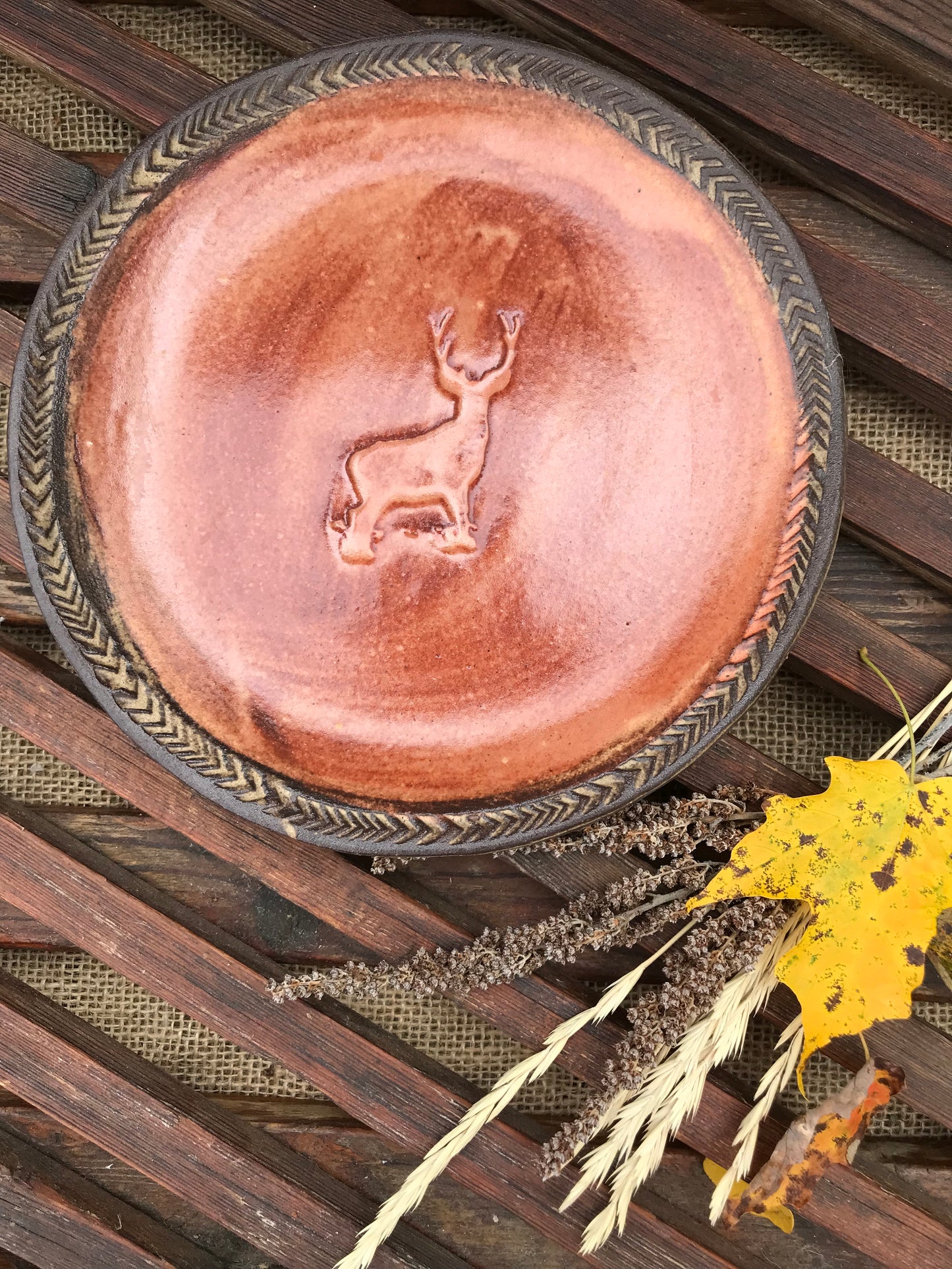 Rustic Wild Buck Salad Plate ~ 7” ~ Sedona Red & Brown Glaze