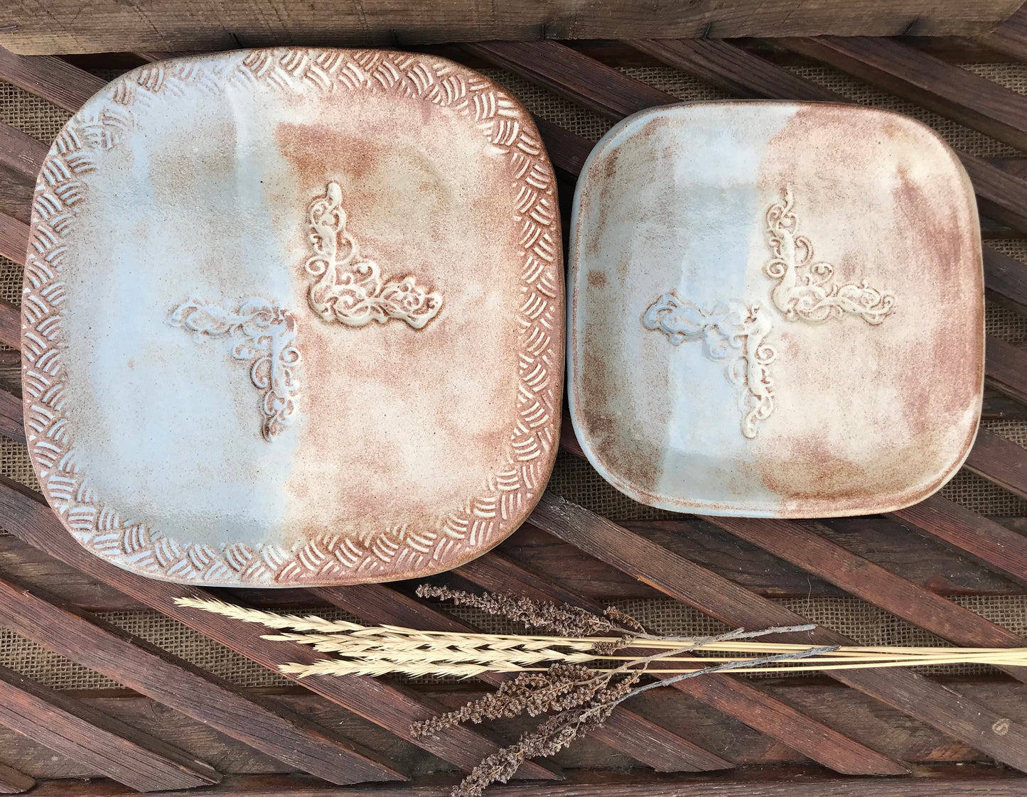 Rustic Floral & Basketweave Square Dinner Plate & Salad Plate ~ 9” ~  Blue & Brown Glaze