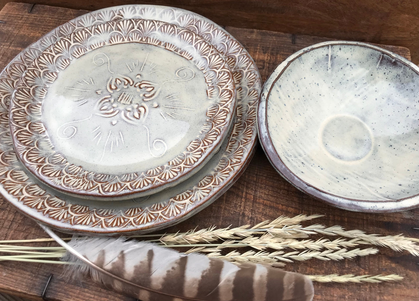 Rustic Native Mandala Dinnerware Set ~ Birch & Brown Glaze