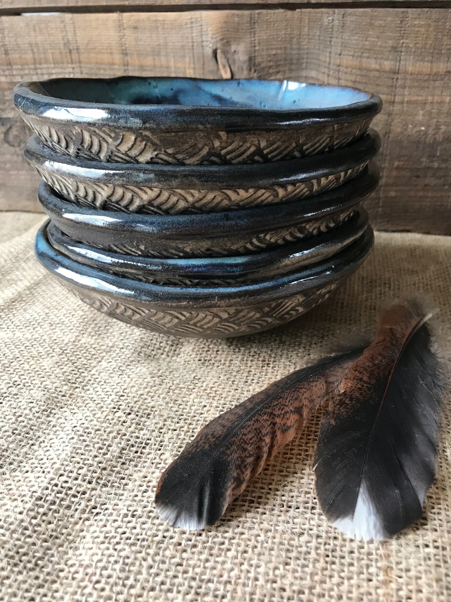 Rustic Basketweave Bowl ~ Night Sky Blue & Brown Glaze