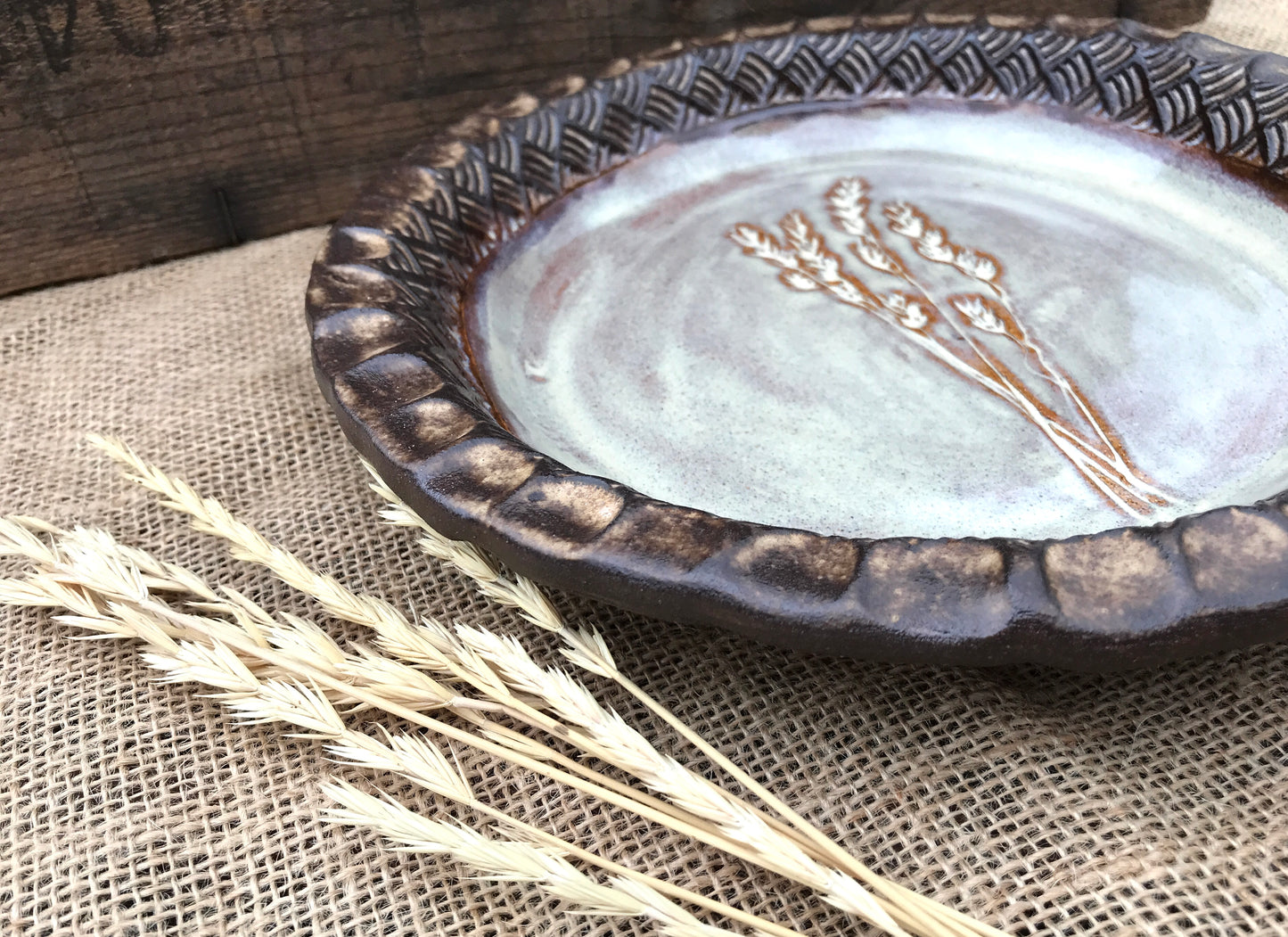 Rustic Wild Grasses Pie Dish ~ 10” ~ Birch & Brown Glaze