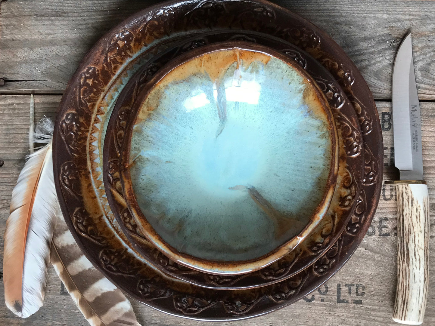 Rustic Wild Buffalo Dinnerware ~ Dinner Plate/Salad Plate/Bowl ~ Turquoise & Heavy Brown Edging