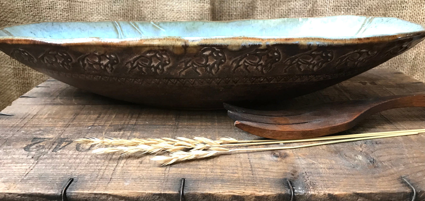 Rustic Wild Buffalo Oval Serving Bowl ~ 15.5”x 8” ~ 2.75” Depth~  Turquoise & Brown