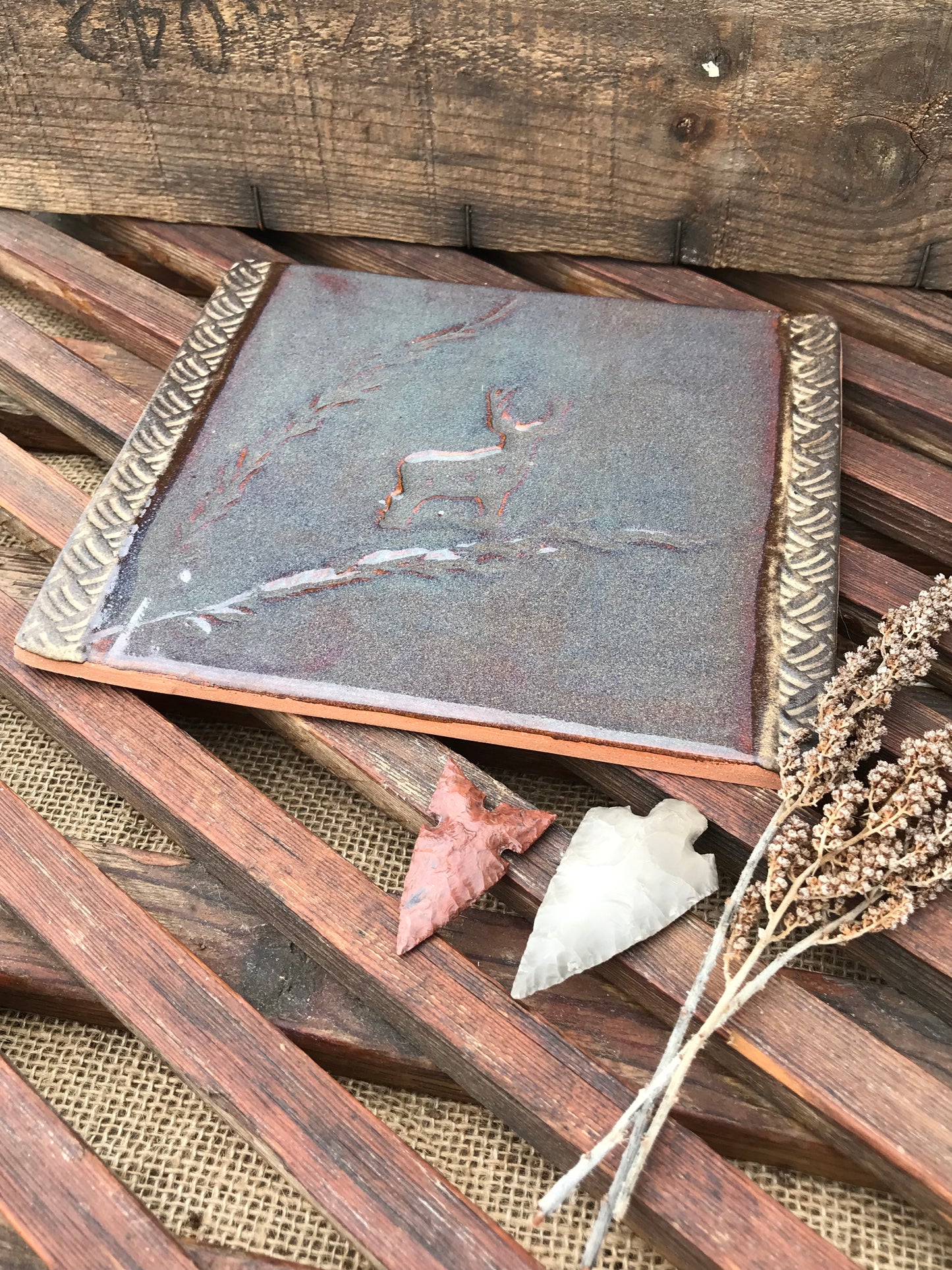 Rustic Wild Buck & Grasses Trivet in Night Sky Blue and Brown ~ 7.5” x 6.25”