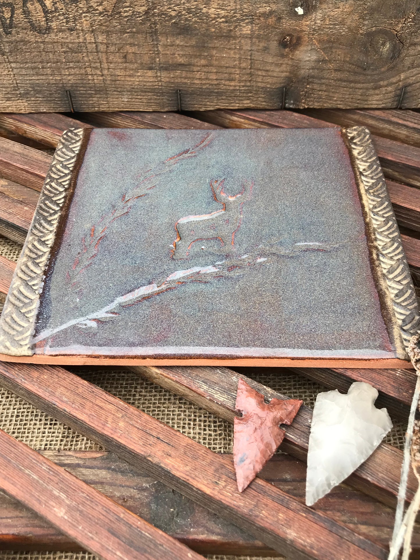 Rustic Wild Buck & Grasses Trivet in Night Sky Blue and Brown ~ 7.5” x 6.25”