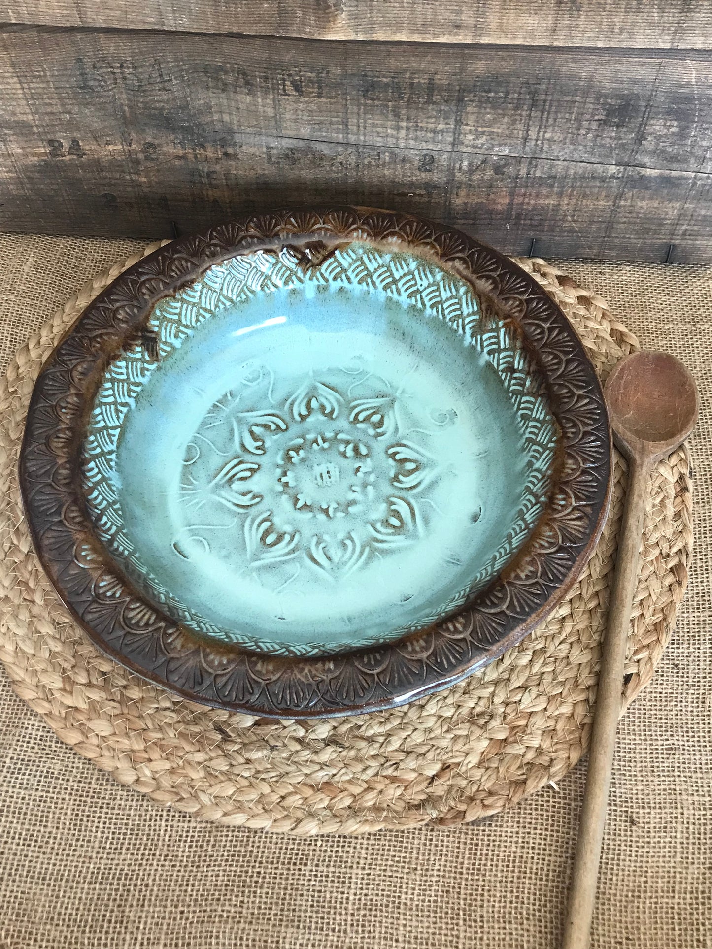 Rustic Native Mandala Serving & Baking  Bowl ~ 12” Diameter ~ 2.5” Depth~ Turquoise & Brown & Birch