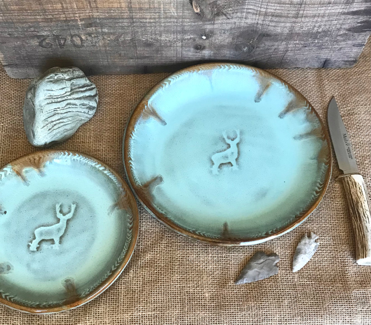 Rustic Wild Buck Dinner Plate & Salad Plate ~ Turquoise and Brown Glaze