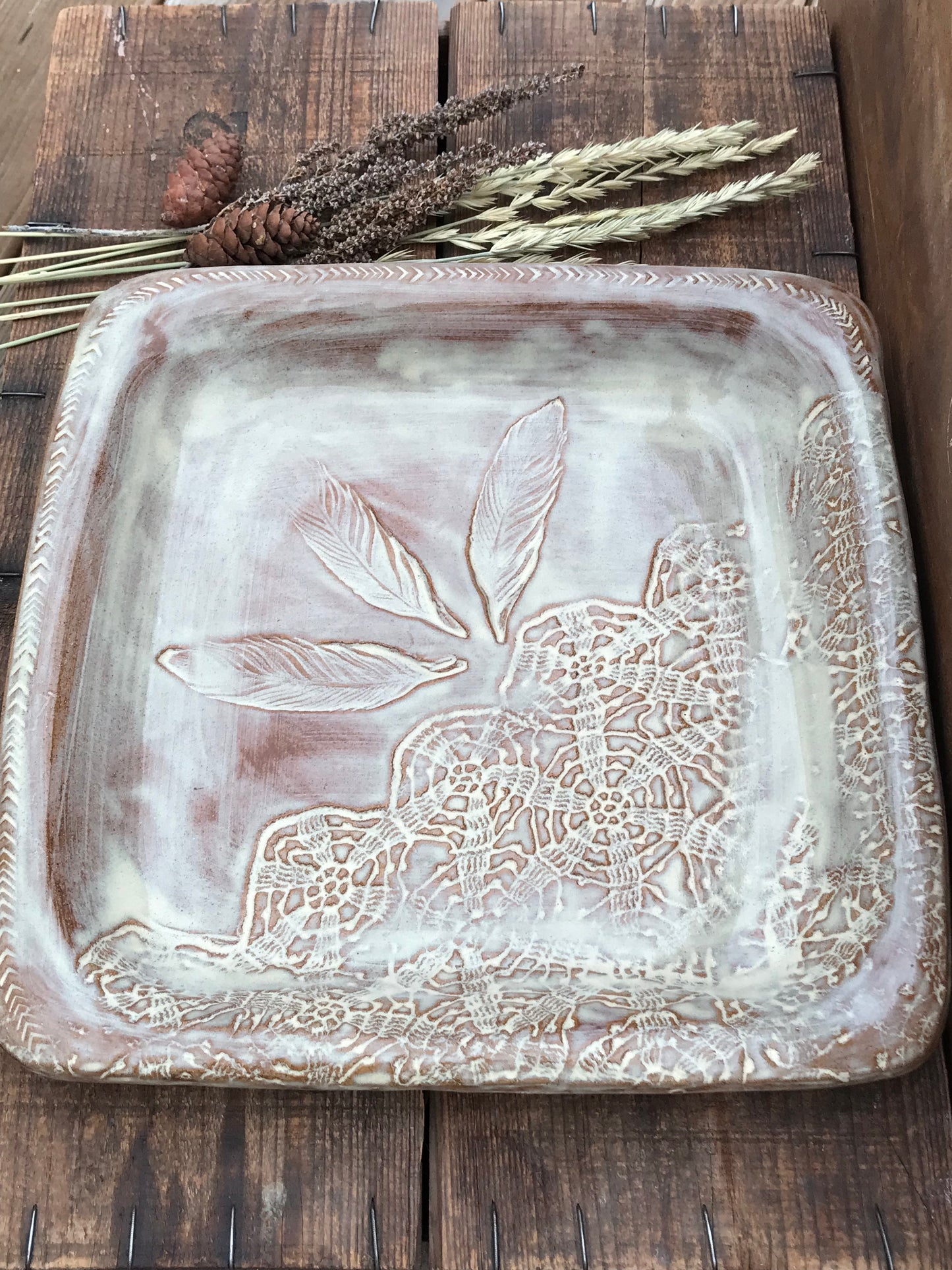 Rustic Square Wild Feathers & Doily Baking Tray/ Serving Tray ~ 10” Square  ~ 1.25” Depth~ Birch & Brown